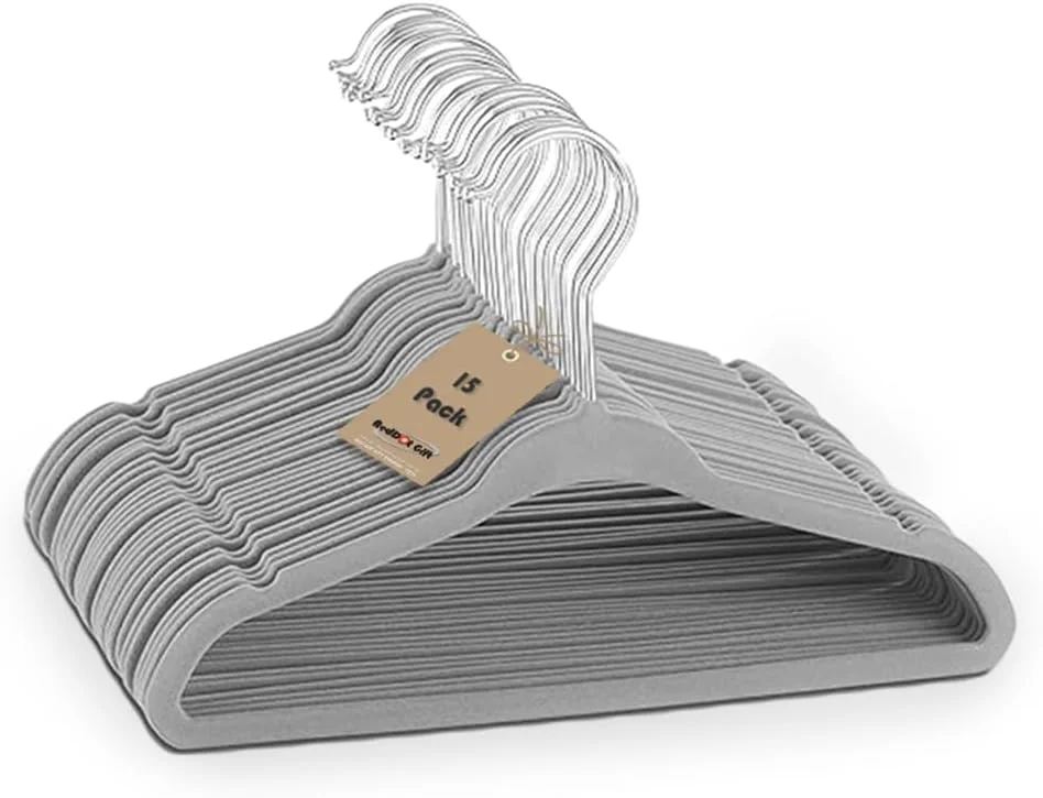 آویز لباس مخملی کودک Red Dot Gift®، بسته 15 عددی، خاکستری، 28 سانتی متر - آویز لباس کودکانه ضد لغزش با قلاب چرخان کرومی 360 درجه