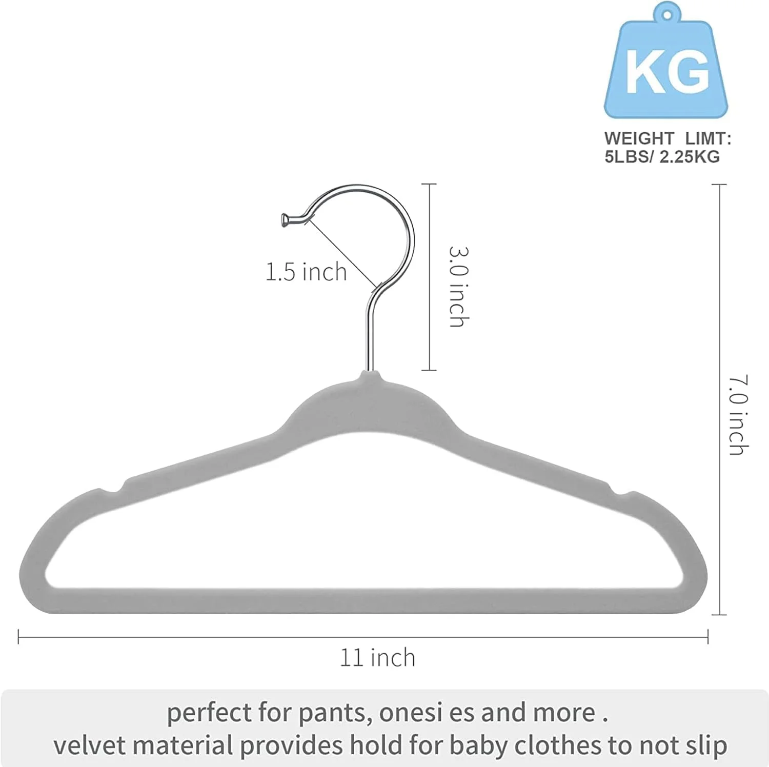 آویز لباس مخملی کودک Red Dot Gift®، بسته 15 عددی، خاکستری، 28 سانتی متر - آویز لباس کودکانه ضد لغزش با قلاب چرخان کرومی 360 درجه