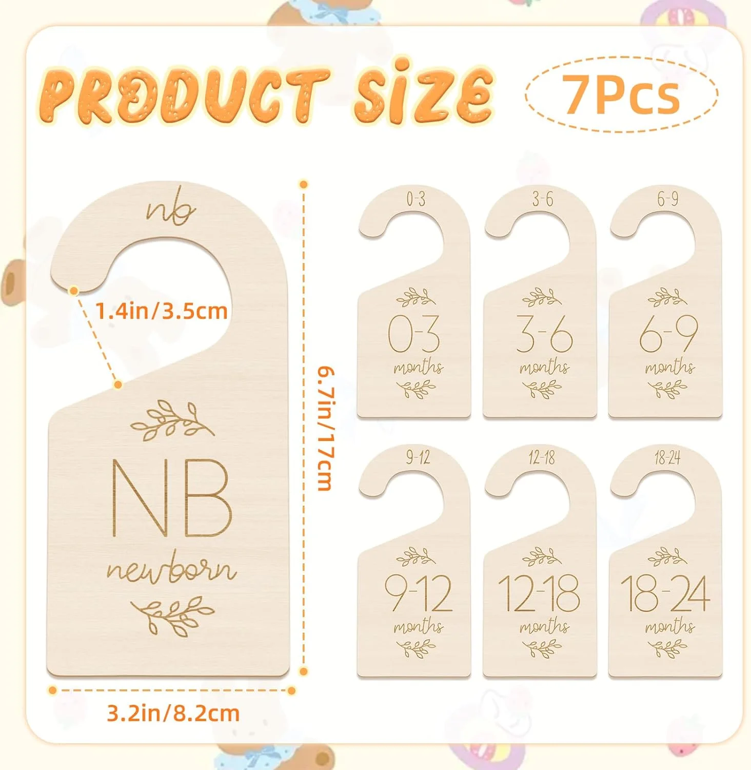 7 تکه جداکننده چوبی کمد لباس کودک برای سازماندهی لباس، جداکننده آویز سایز لباس کودک دو طرفه دوست داشتنی از نوزاد تا 24 ماهگی، جداکننده کمد اتاق نوزاد برای دکوراسیون اتاق کودک