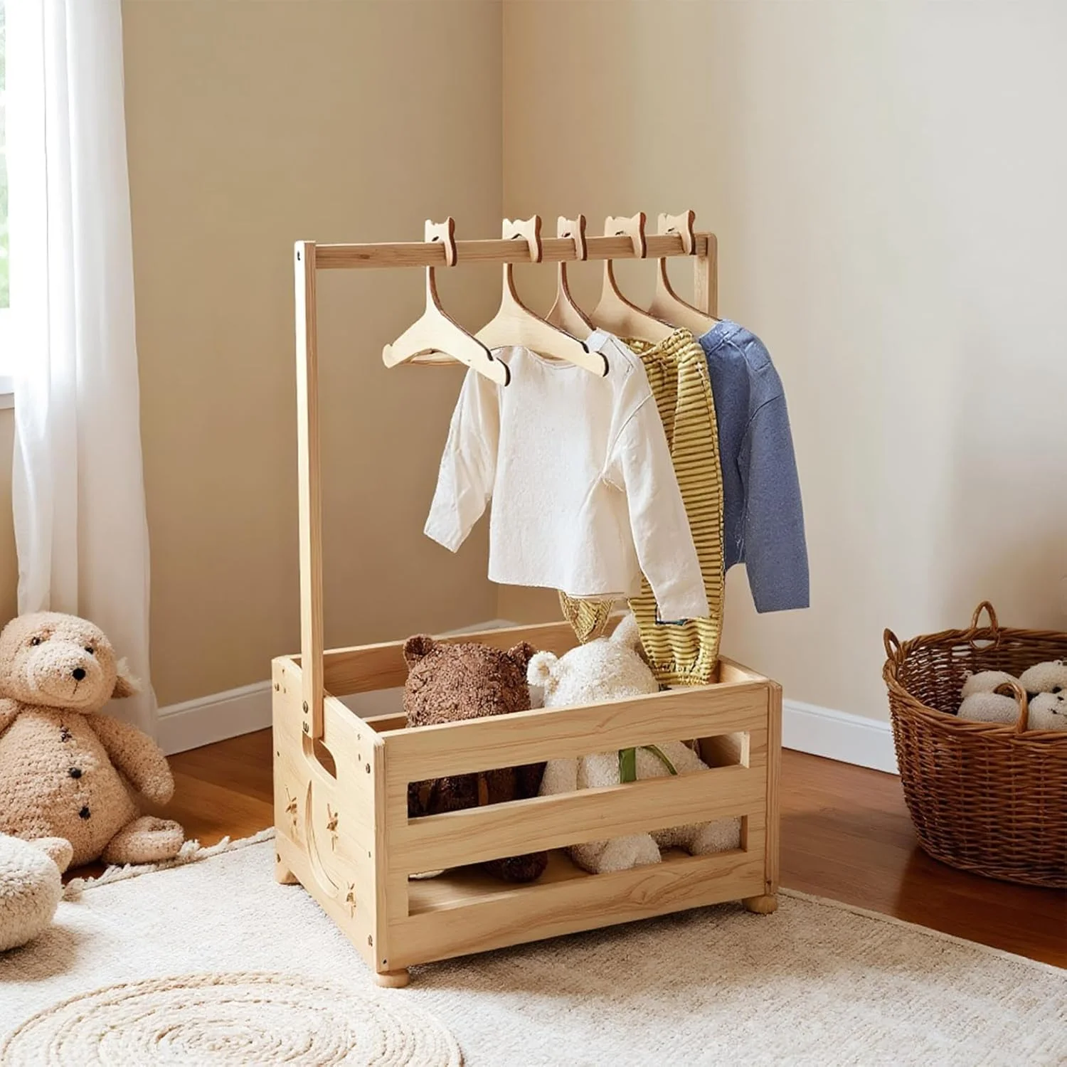 سبد کمد لباس کودک به همراه چوب لباسی | سبد هدیه سیسمونی - نظم دهنده اتاق کودک مناسب اتاق نشیمن، اتاق خواب، مهمانی، جشن تعیین جنسیت و دورهمی خانوادگی