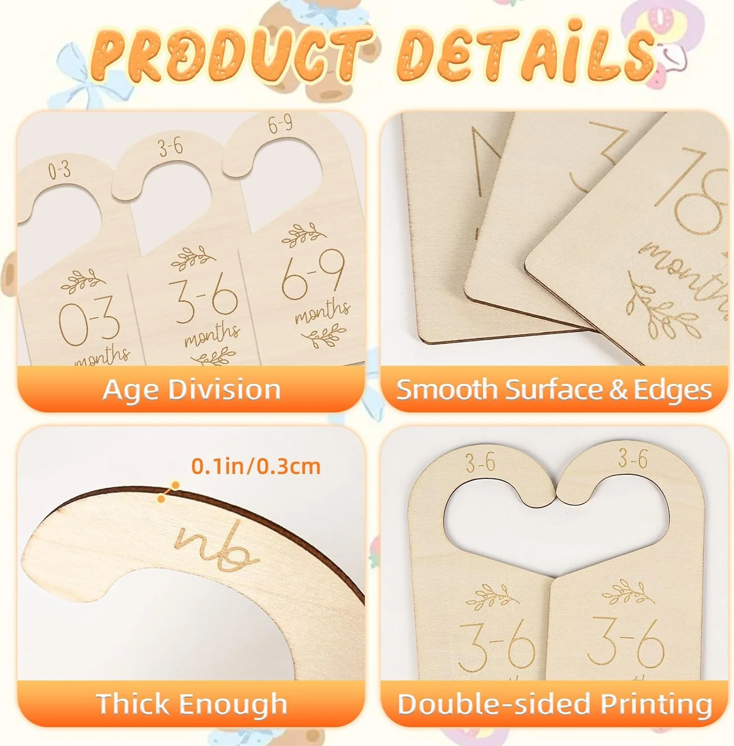 7 تکه جداکننده چوبی کمد لباس کودک برای سازماندهی لباس، جداکننده آویز سایز لباس کودک دو طرفه دوست داشتنی از نوزاد تا 24 ماهگی، جداکننده کمد اتاق نوزاد برای دکوراسیون اتاق کودک