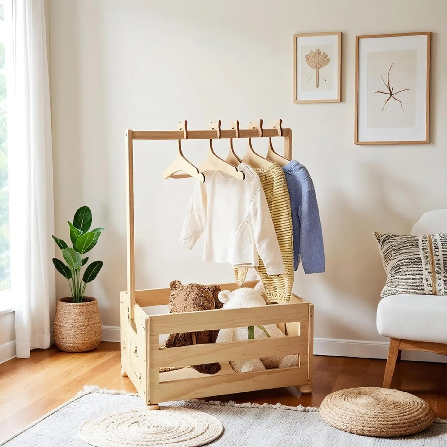 سبد کمد لباس کودک به همراه چوب لباسی | سبد هدیه سیسمونی - نظم دهنده اتاق کودک مناسب اتاق نشیمن، اتاق خواب، مهمانی، جشن تعیین جنسیت و دورهمی خانوادگی