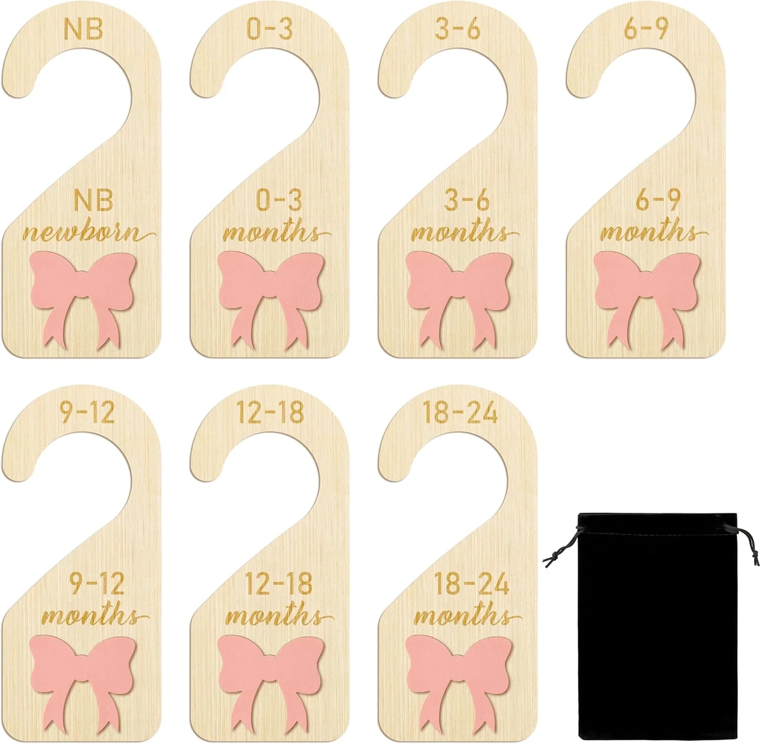 8 عدد جداکننده کمد لباس چوبی کودک - سازمان دهنده کمد لباس کودک با پاپیون صورتی سه بعدی دو طرفه، جداکننده سایز لباس نوزاد، هدیه تولد برای نوزاد پسر و دختر (0-24 ماه)