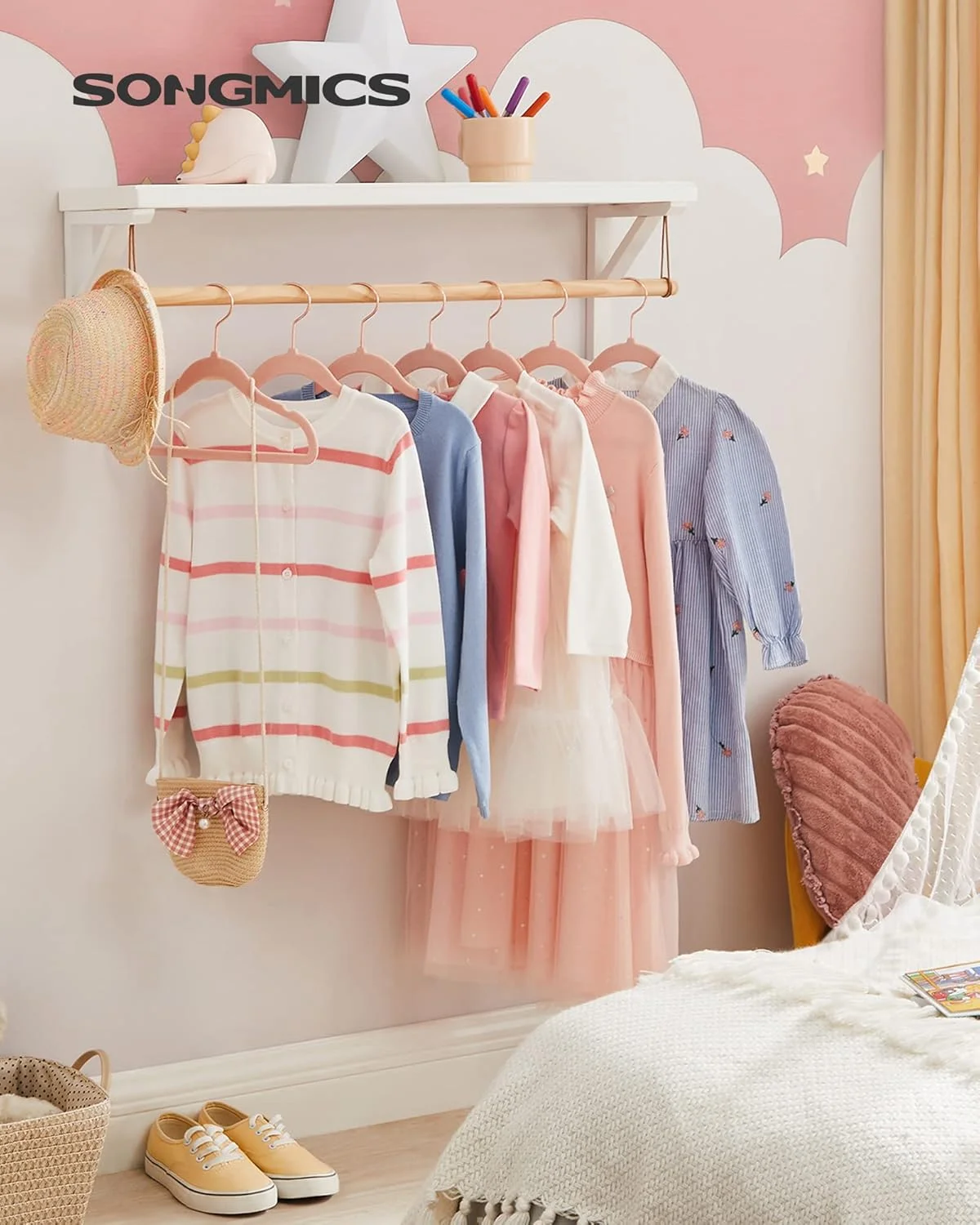 چوب لباسی بچه گانه سانگمیکس، بسته 50 عددی چوب لباسی مخملی بچه گانه با قلاب های طلایی رز، چوب لباسی ضد لغزش برای لباس های داخل کمد، کت نوزاد یا کودک، صورتی روشن CRF027P01