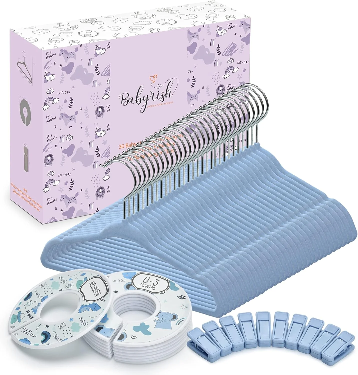 ست نظم دهنده کمد لباس کودک - 30 عدد چوب لباسی مخملی برای لباس نوزاد با 8 عدد جداکننده سایز کمد (از نوزاد تا نوپا) و 10 عدد گیره چوب لباسی - همه در جعبه زیبا (آبی)