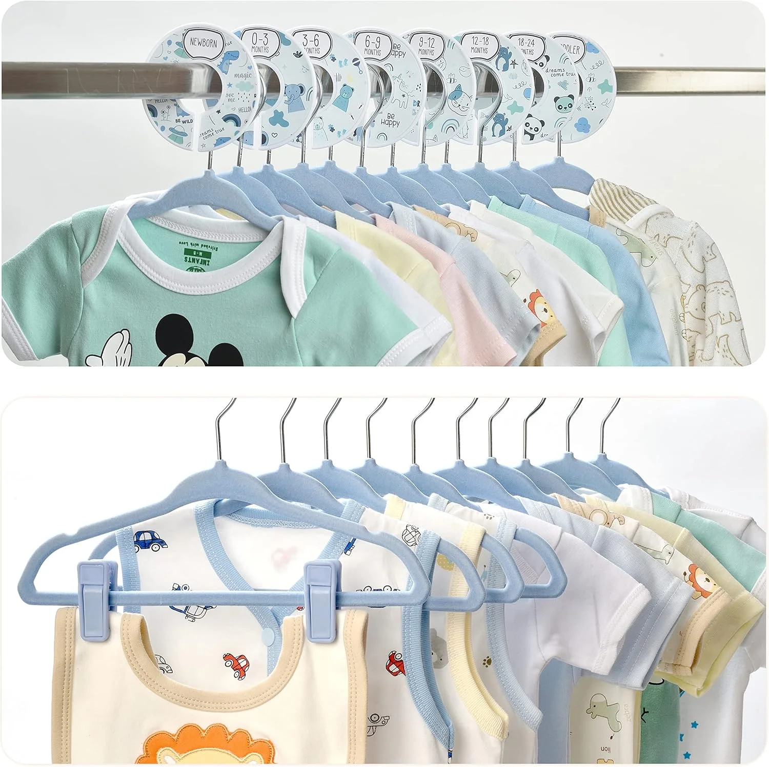 ست نظم دهنده کمد لباس کودک - 30 عدد چوب لباسی مخملی برای لباس نوزاد با 8 عدد جداکننده سایز کمد (از نوزاد تا نوپا) و 10 عدد گیره چوب لباسی - همه در جعبه زیبا (آبی)