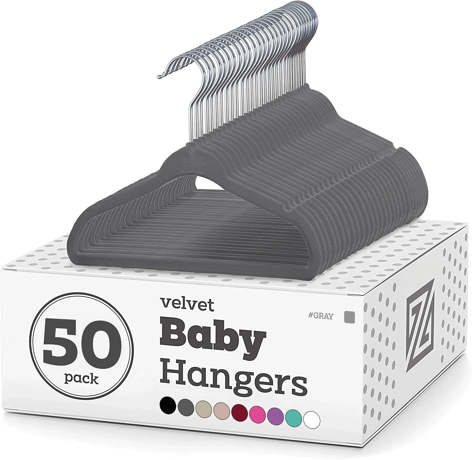 آویزهای مخملی بچه گانه ممتاز ZOBER (11 اینچ - بسته 50 عددی)، آویز لباس کودک ضد لغزش، فوق العاده باریک و صرفه جویی در فضا - قلاب چرخان 360 درجه، آویزهای بادوام و قوی نوزاد/کودک نوپا (کوچک - خاکستری)