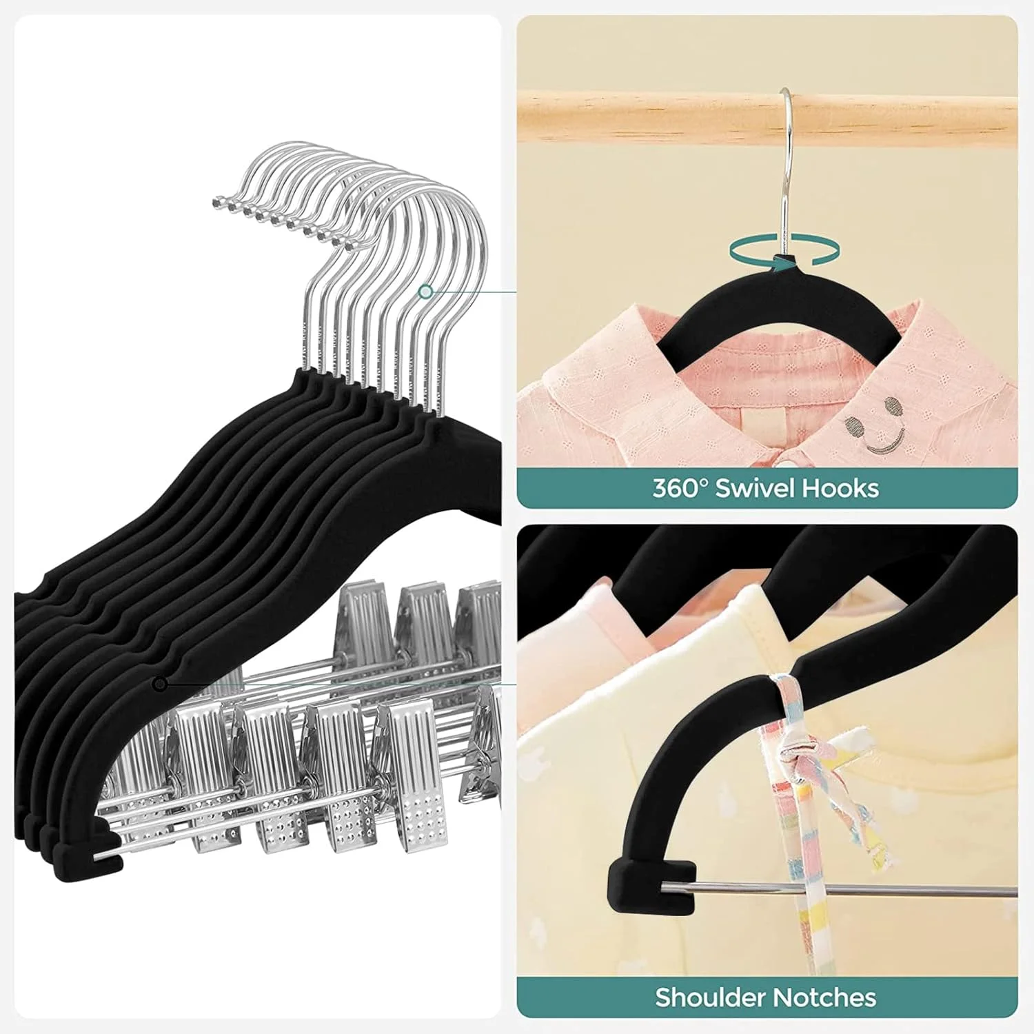 چوب لباسی مخملی بچه گانه Red Dot Gift، بسته 20 عددی چوب لباسی ضد لغزش با گیره برای کودکان، صرفه جویی در فضا، چوب لباسی شلوار بچه گانه یا نظم دهنده کمد کودک… (مشکی#)