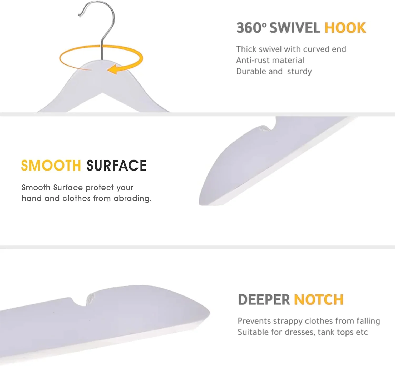 چوب لباسی چوبی ممتاز لباس کودک، سفید، فوق العاده باریک، بادوام، صرفه جویی در فضا، قلاب گردان 360 درجه، چوب لباسی کودک نوپا و نوزاد با شکاف های صاف، بسته 10 عددی