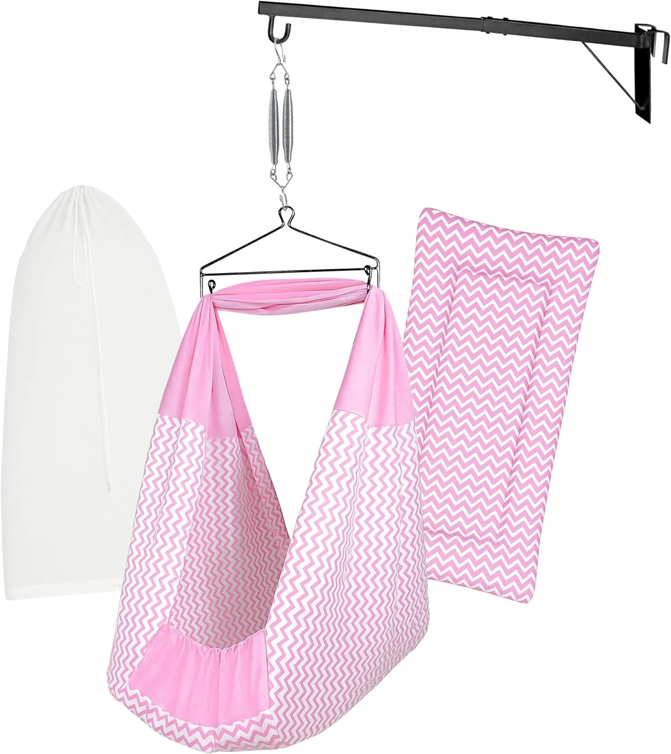 ست گهواره/تاب نوزاد (پارچه تخت، پالنا، دولنا) | تخت گهواره آویز، پشه بند، فنر، مثلث و آویز پنجره | تا 15 کیلوگرم | 0-2 سال | طرح چاپی صورتی-15854