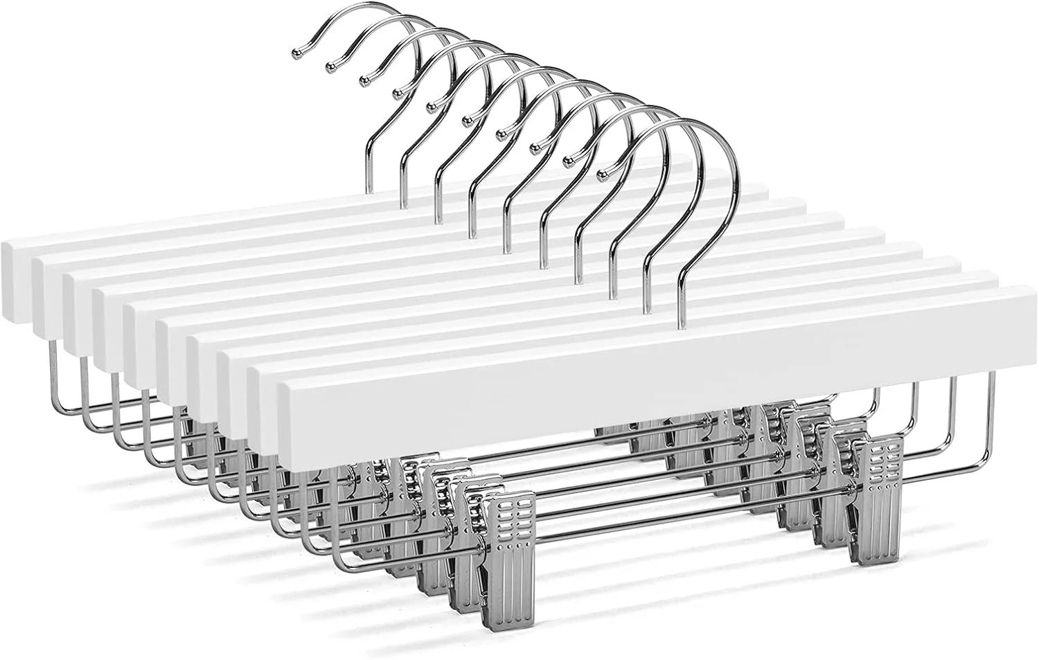 چوب لباسی شلوار چوبی جامد کودک، نوزاد و بچه Nature Smile، چوب لباسی دامن چوبی، چوب لباسی پایین شلوار با 2 گیره قابل تنظیم و قلاب ضد زنگ، بسته 10 عددی (سفید)