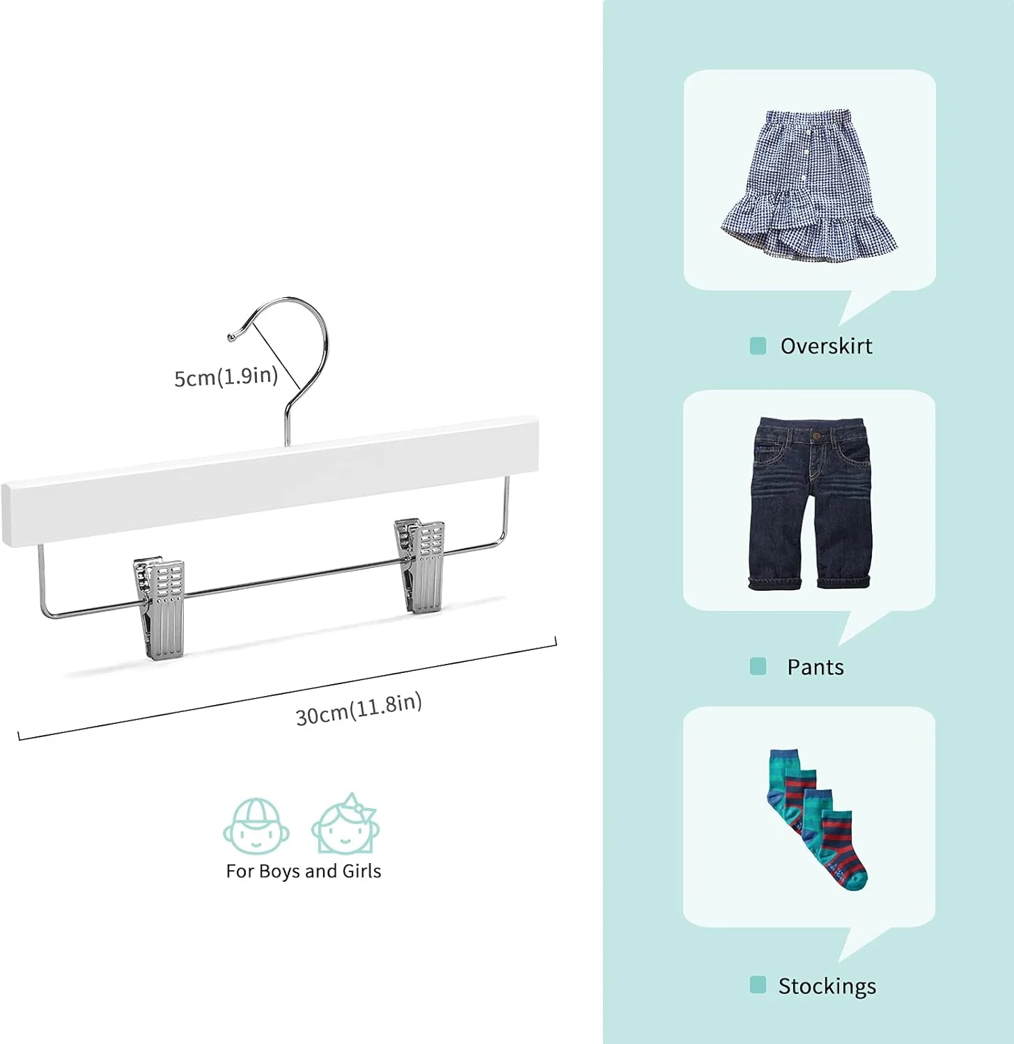 چوب لباسی شلوار چوبی جامد کودک، نوزاد و بچه Nature Smile، چوب لباسی دامن چوبی، چوب لباسی پایین شلوار با 2 گیره قابل تنظیم و قلاب ضد زنگ، بسته 10 عددی (سفید)