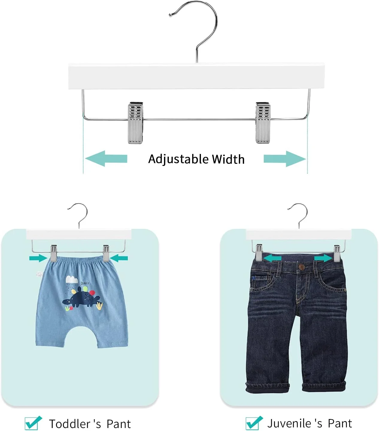 چوب لباسی شلوار چوبی جامد کودک، نوزاد و بچه Nature Smile، چوب لباسی دامن چوبی، چوب لباسی پایین شلوار با 2 گیره قابل تنظیم و قلاب ضد زنگ، بسته 10 عددی (سفید)