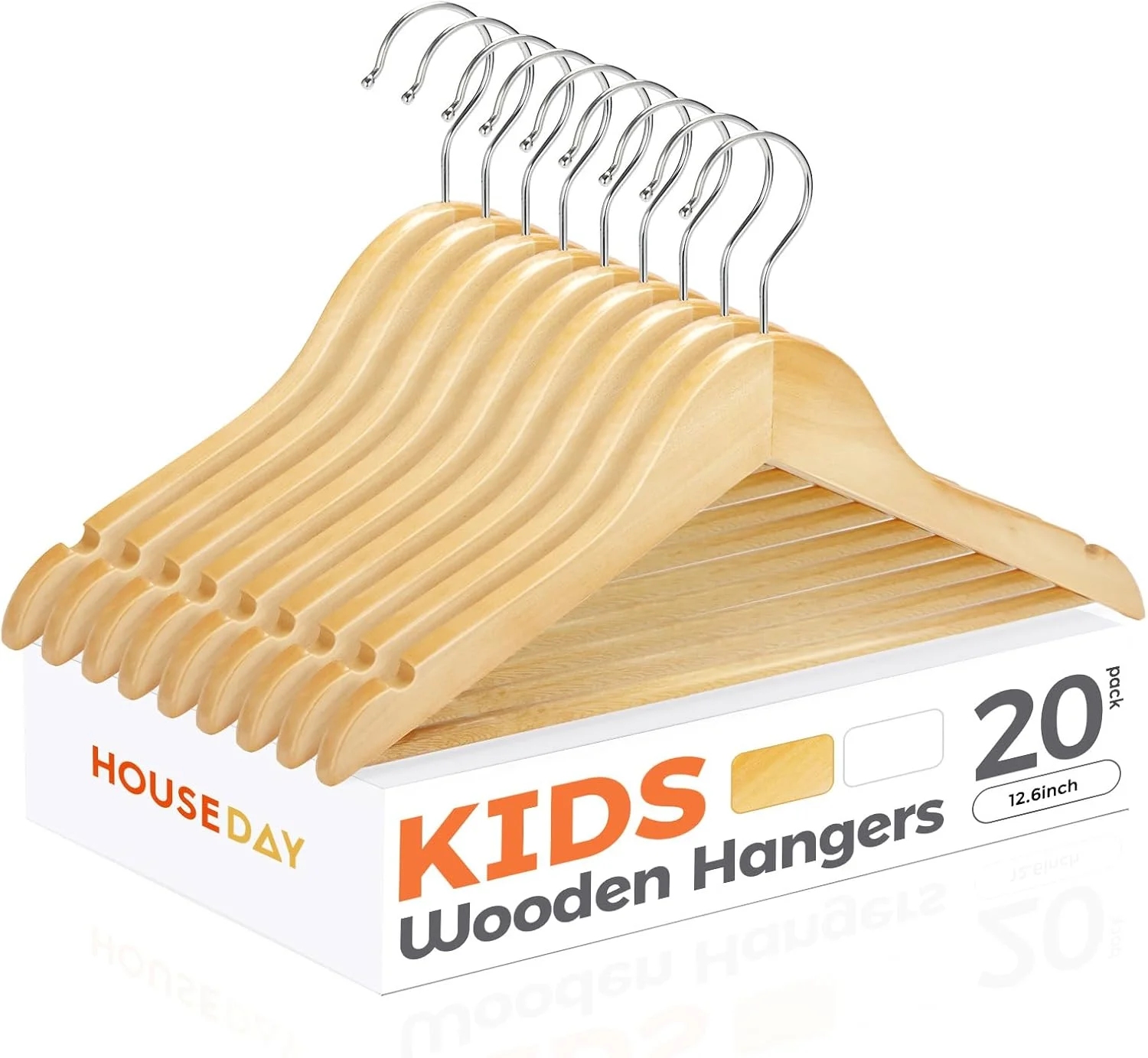 چوب لباسی چوبی کودک هاوس دی، بسته 20 عددی، چوب لباسی چوبی بچه گانه، قلاب گردان 360 درجه، چوب لباسی مقاوم برای لباس، شلوار و کت، رنگ طبیعی