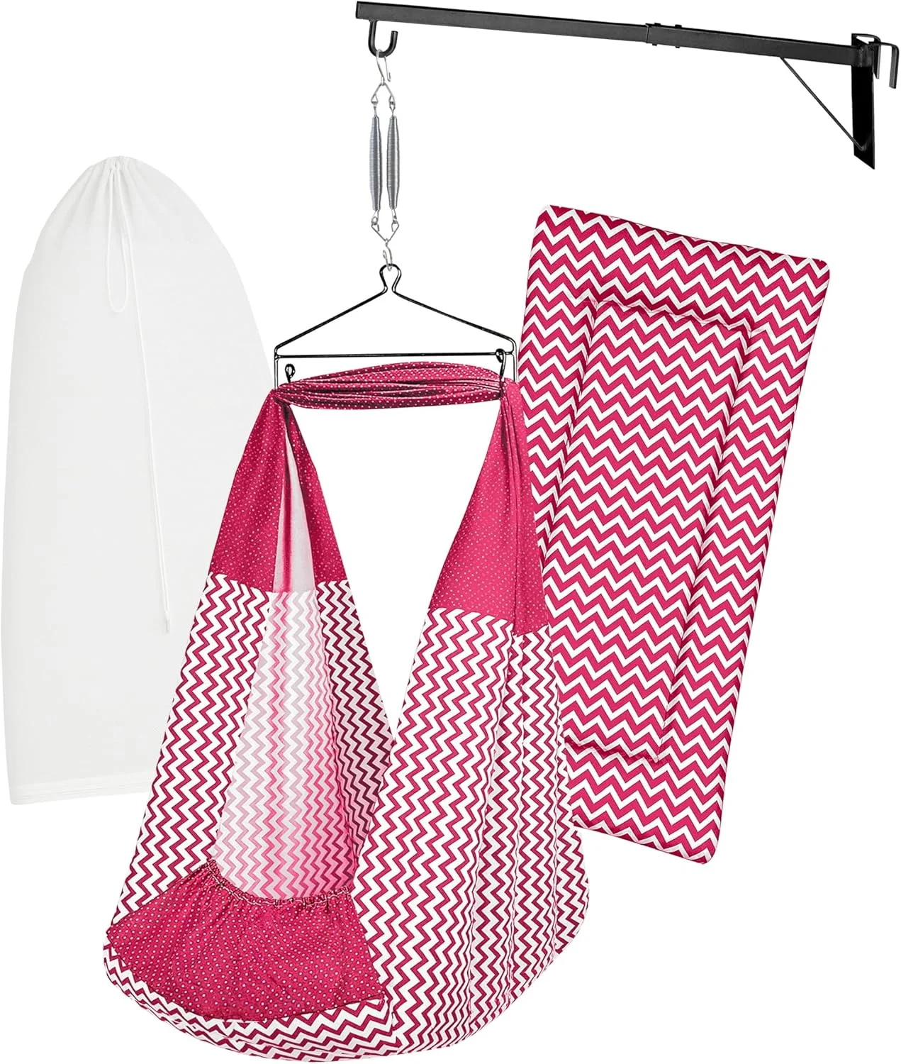 ست گهواره نوزاد | گهواره تاب، پشه بند، فنر، آویز مثلثی، آویز پنجره | ظرفیت وزنی تا 20 کیلوگرم | مناسب برای سن 0-12 ماه | ژولا (قرمز)