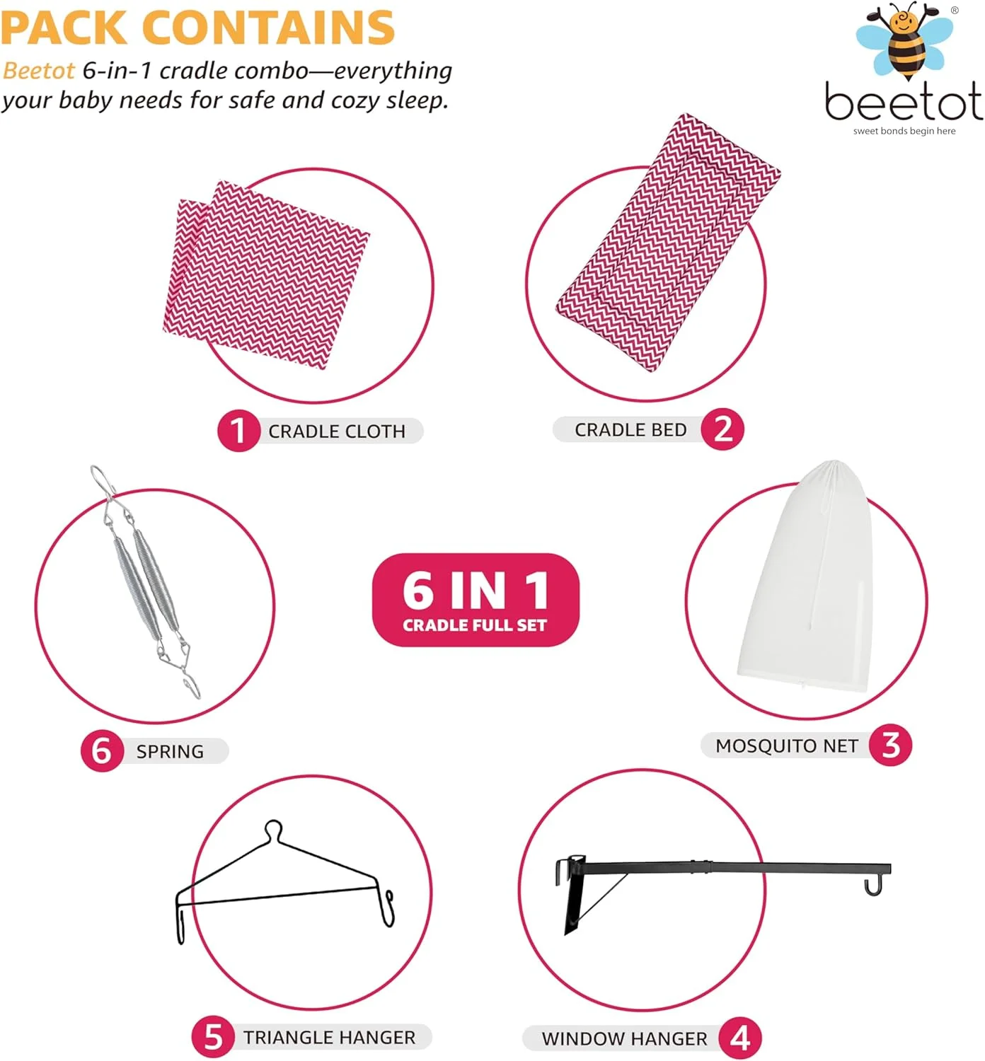 ست گهواره نوزاد | گهواره تاب، پشه بند، فنر، آویز مثلثی، آویز پنجره | ظرفیت وزنی تا 20 کیلوگرم | مناسب برای سن 0-12 ماه | ژولا (قرمز)