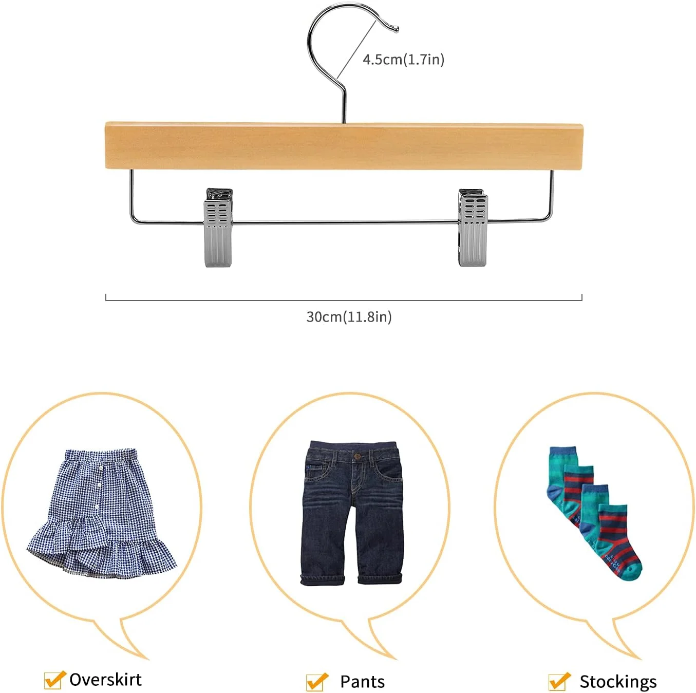 آویز شلوار چوبی جامد کودک Nature Smile، مناسب شلوار، دامن، و لباس های پایین تنه، دارای گیره های قابل تنظیم و قلاب ضد زنگ، بسته 10 عددی (طبیعی)، یک سایز