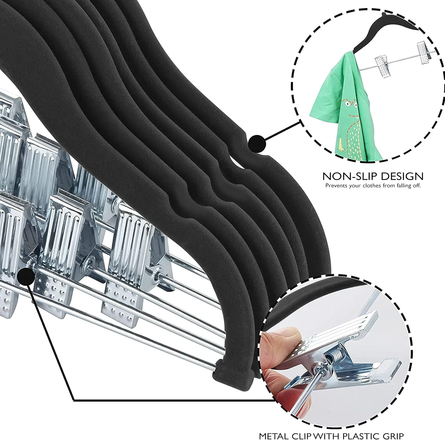 چوب لباسی مخملی کودک و بچه زوبر با گیره های قابل تنظیم برای لباس های کودک و ست لباس، صرفه جویی در فضا و نظم دهنده کمد (بسته 30 عددی، مشکی)