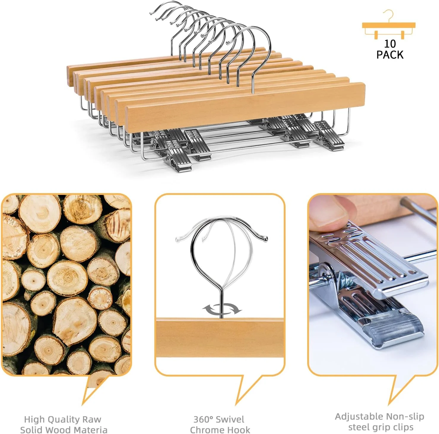 آویز شلوار چوبی جامد کودک Nature Smile، مناسب شلوار، دامن، و لباس های پایین تنه، دارای گیره های قابل تنظیم و قلاب ضد زنگ، بسته 10 عددی (طبیعی)، یک سایز