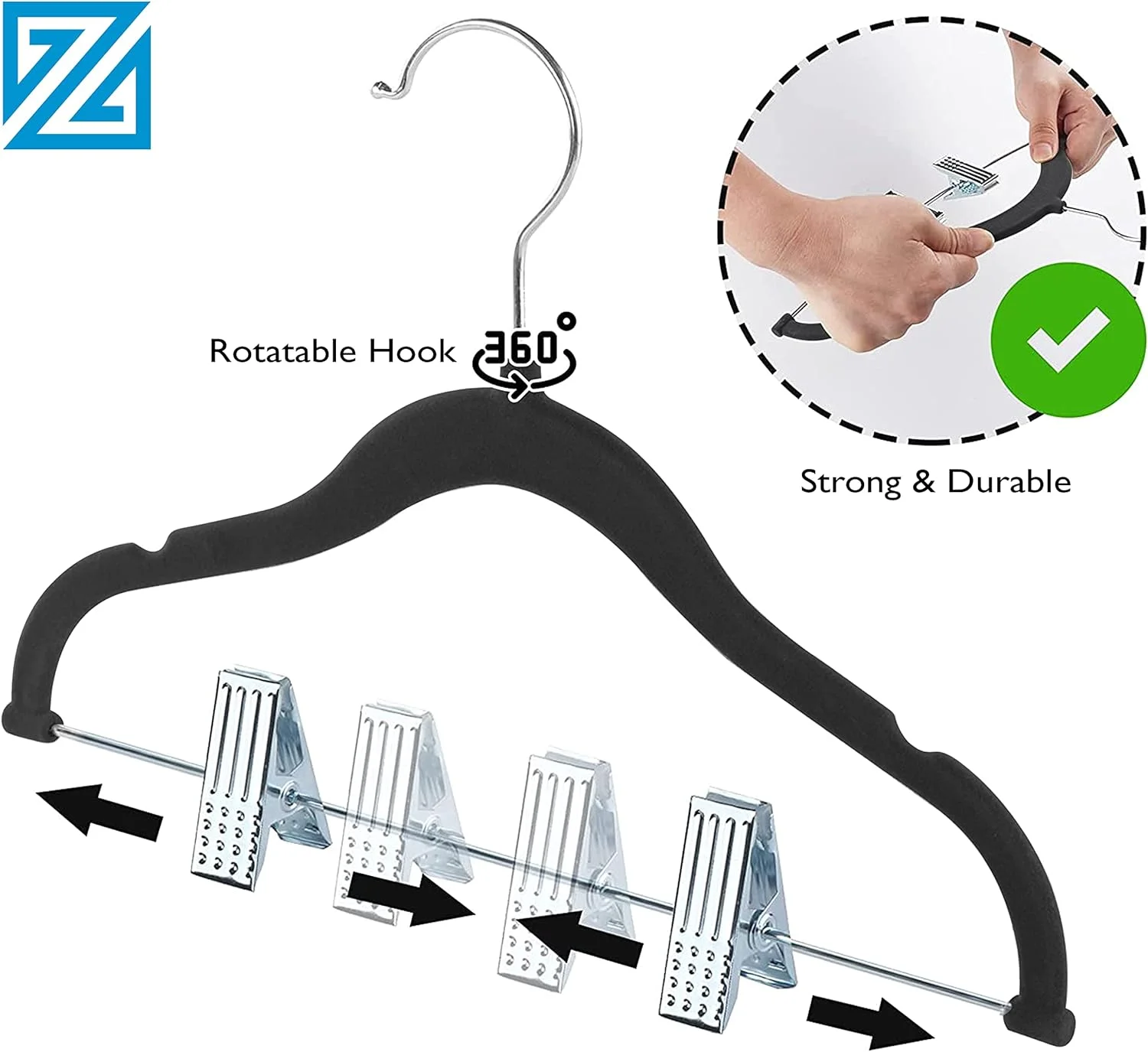 چوب لباسی مخملی کودک و بچه زوبر با گیره های قابل تنظیم برای لباس های کودک و ست لباس، صرفه جویی در فضا و نظم دهنده کمد (بسته 30 عددی، مشکی)