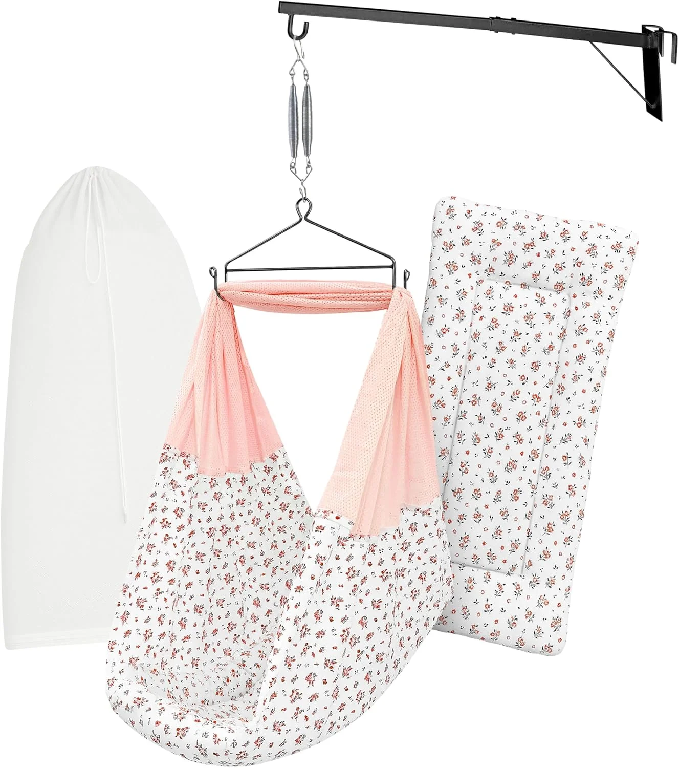 ست گهواره/جولا نوزاد (پارچه توتیل، پالنا، دولنا) | پارچه گهواره با تخت خواب پد دار، توری پشه بند، فنر، مثلث و آویز پنجره | تا 15 کیلوگرم | تا 2 سال | طرح چاپی نارنجی FS