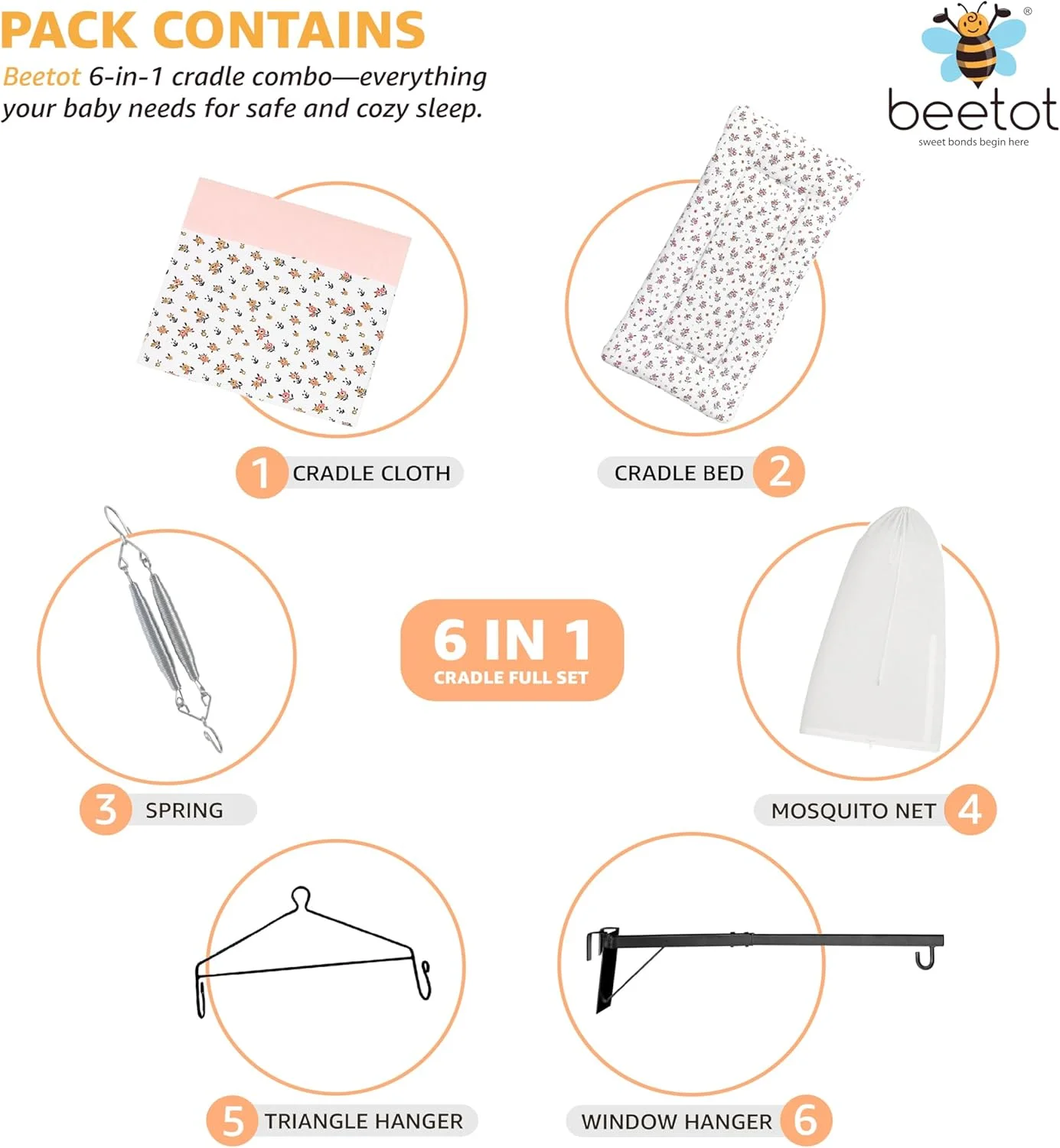 ست گهواره/جولا نوزاد (پارچه توتیل، پالنا، دولنا) | پارچه گهواره با تخت خواب پد دار، توری پشه بند، فنر، مثلث و آویز پنجره | تا 15 کیلوگرم | تا 2 سال | طرح چاپی نارنجی FS
