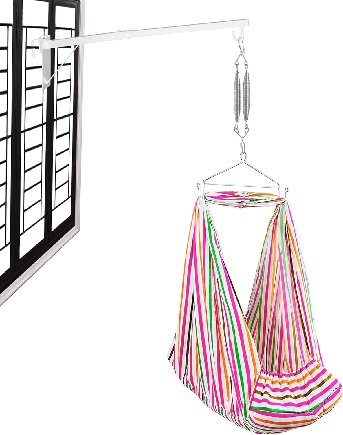 تاب گهواره / جھولا نوزاد (پارچه تخت، پالنا، دولنا) | پارچه گهواره با تخت خواب نرم، پشه بند، فنر، مثلث و آویز پنجره | تا 15 کیلوگرم | تا 2 سال | FS-Line صورتی