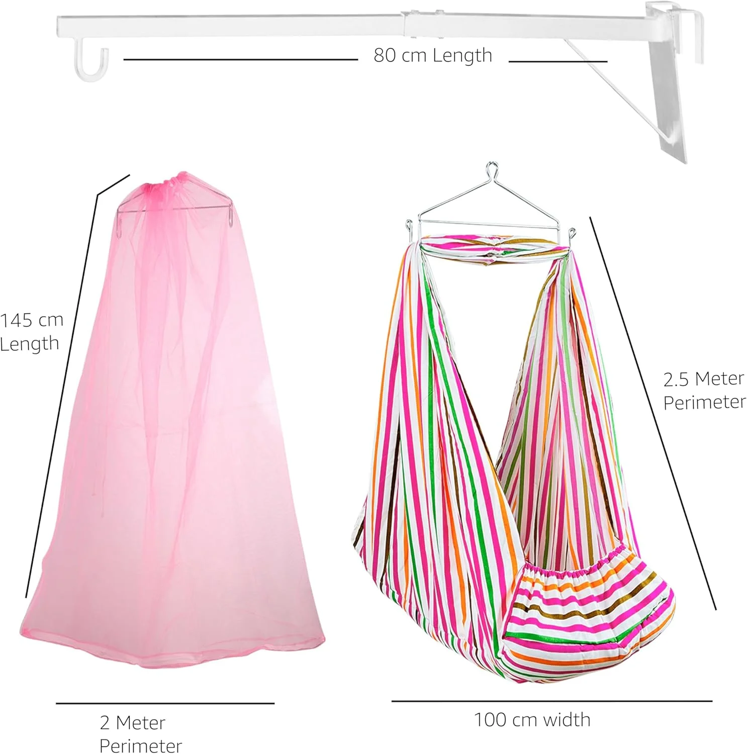 تاب گهواره / جھولا نوزاد (پارچه تخت، پالنا، دولنا) | پارچه گهواره با تخت خواب نرم، پشه بند، فنر، مثلث و آویز پنجره | تا 15 کیلوگرم | تا 2 سال | FS-Line صورتی