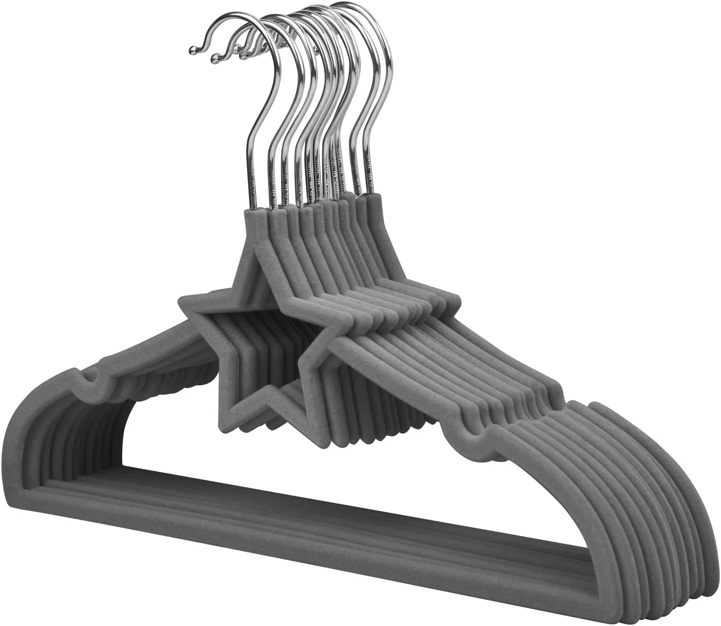 آویز لباس کودک ManGotree، بسته 15 عددی، طرح ستاره، روکش مخمل، مناسب لباس نوزاد تا کودک نوپا، دارای شانه های شیاردار و طراحی ضد لغزش (ستاره خاکستری)