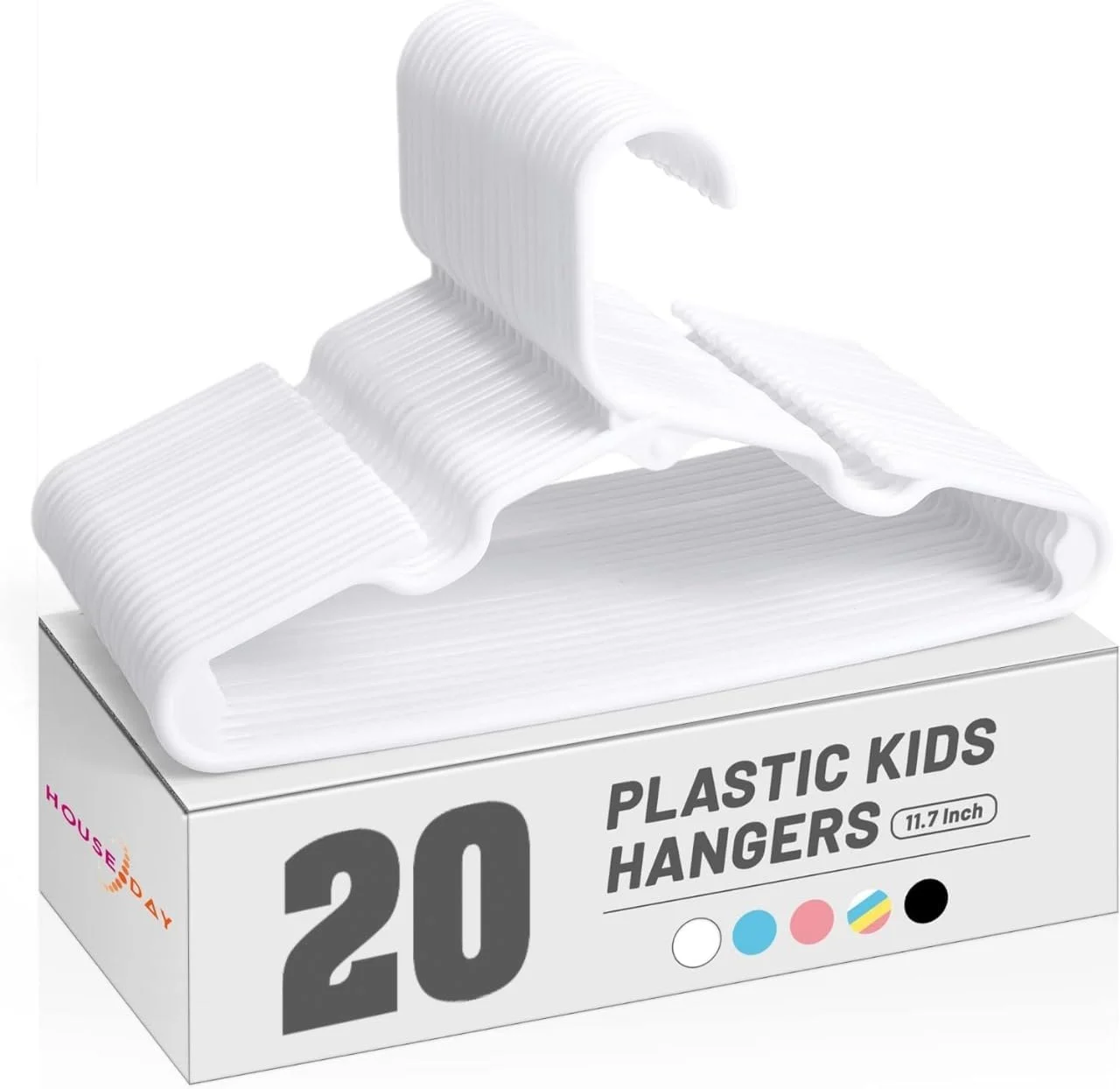 چوب لباسی پلاستیکی کودک هاوس دی مناسب کمد، لباس کودک و نوزاد - ایده آل برای شلوار، کت و موارد دیگر کودکان نوپا و خردسال - استفاده روزمره (رنگی، بسته 20 عددی)
