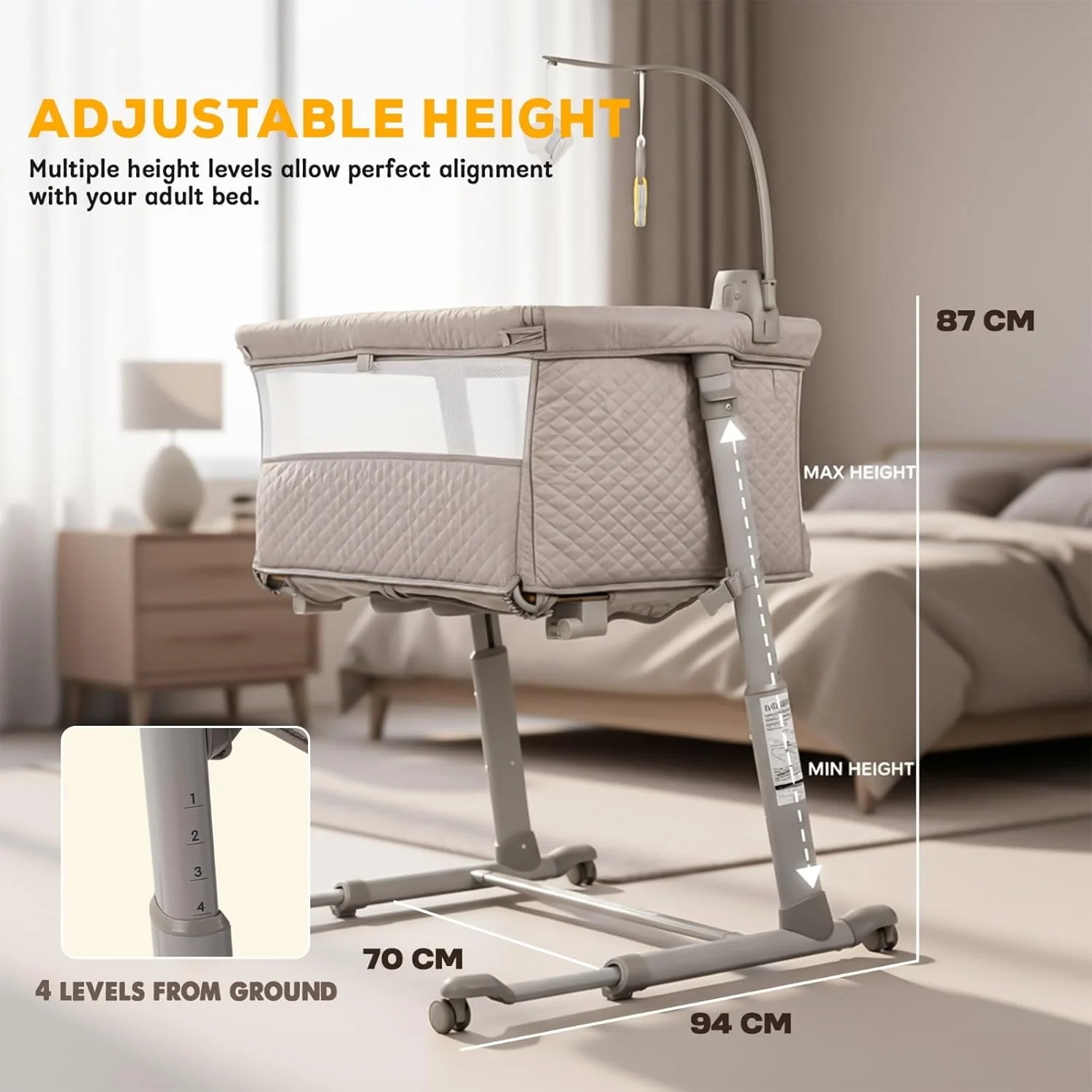 تخت کنار تختی کودک بیبی برای نوزادان و کودکان نوپا | تخت کودک با ارتفاع قابل تنظیم به همراه تشک، پشه بند، سبد ذخیره سازی و چرخ های 360 درجه | گهواره قابل حمل کودک با توری تنفسی (خاکستری) تخت کنار تختی کودک بیبی برای نوزادان و کودکان نوپا | تخت کودک با ارتفاع قابل تنظیم به همراه تشک، پشه بند، سبد ذخیره سازی و چرخ های 360 درجه | گهواره قابل حمل کودک با توری تنفسی (خاکستری)