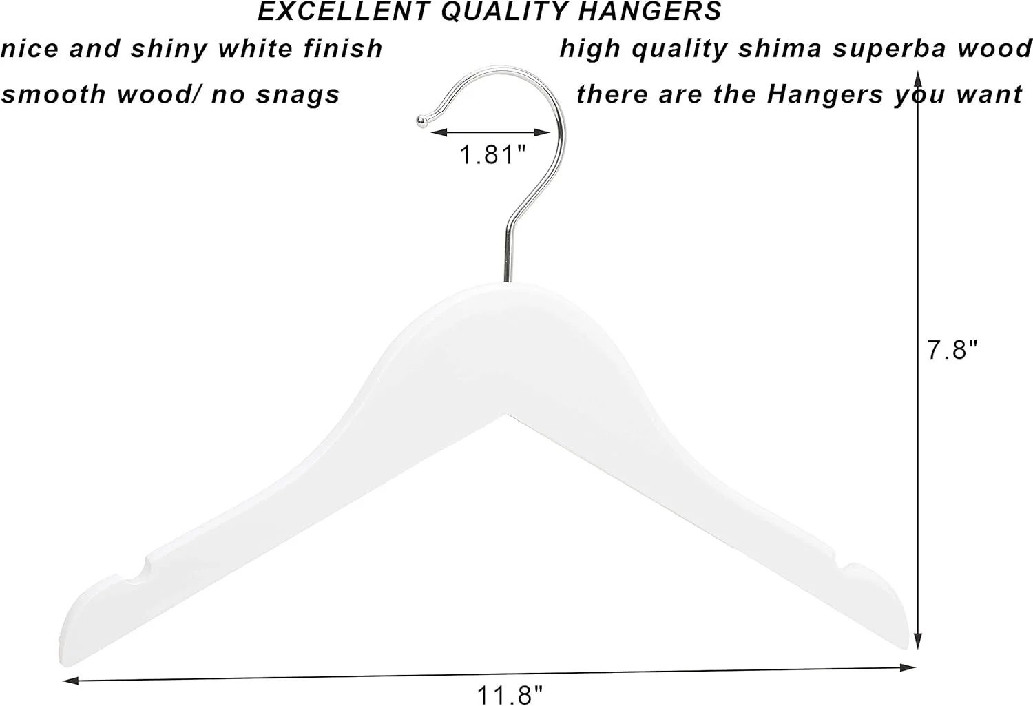 چوب لباسی لباس کودک چوبی سفید ممتاز، چوب لباسی لباس کت زیبا - قلاب چرخان 360 درجه قوی تر - پرداخت بسیار صاف - شکاف های برش خورده صاف - بسته 10 عددی LM02KW