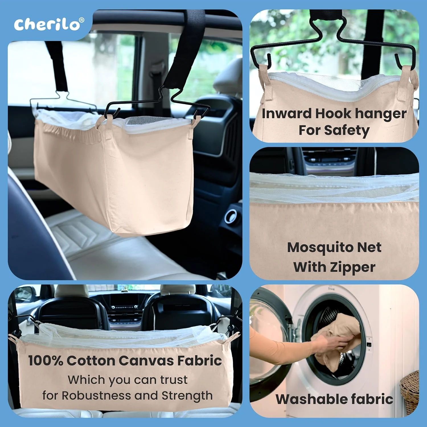 گهواره توری دار و زیپ دار خودرو کودک Cherilo | جھولا مسافرتی برای کودک 0 تا 3 سال | بند قابل تنظیم | گهواره پارچه ای نخی با آویز | تخت خواب برای سفر با خودرو