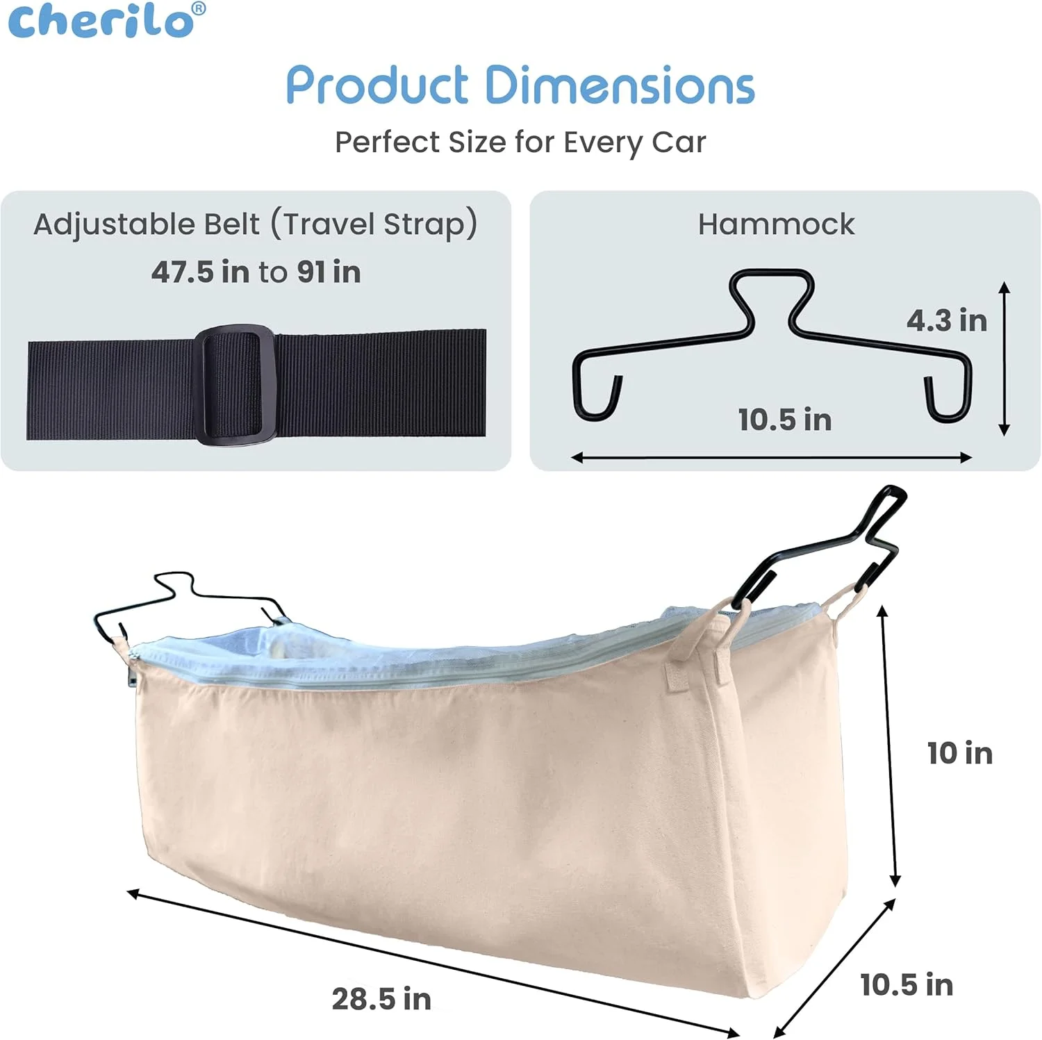 گهواره توری دار و زیپ دار خودرو کودک Cherilo | جھولا مسافرتی برای کودک 0 تا 3 سال | بند قابل تنظیم | گهواره پارچه ای نخی با آویز | تخت خواب برای سفر با خودرو