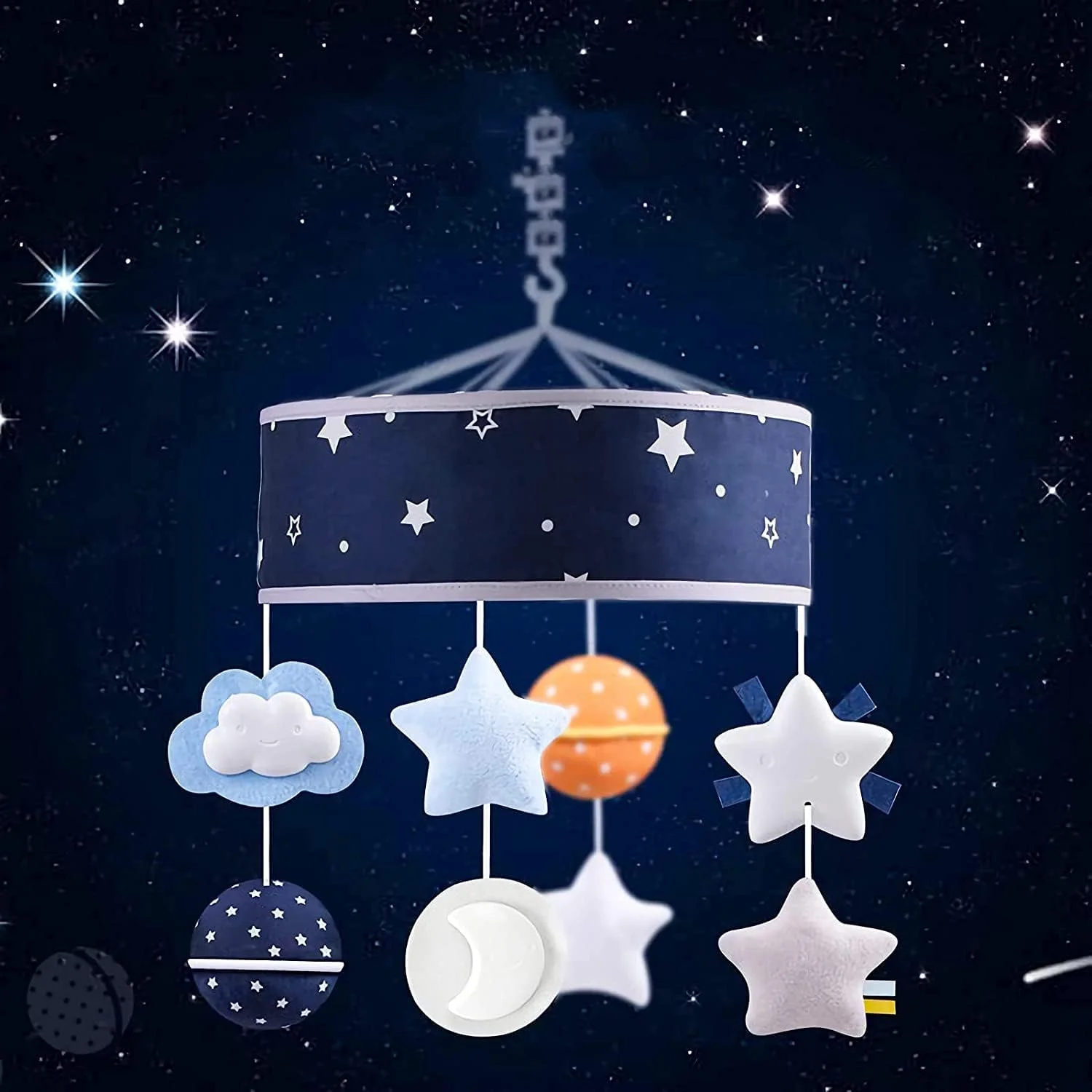 آویز تخت موزیکال کودک بی بی با تم فضایی، چرخش 360 درجه و موسیقی | آویز تخت نوزاد | اسباب بازی دکور تخت نوزاد