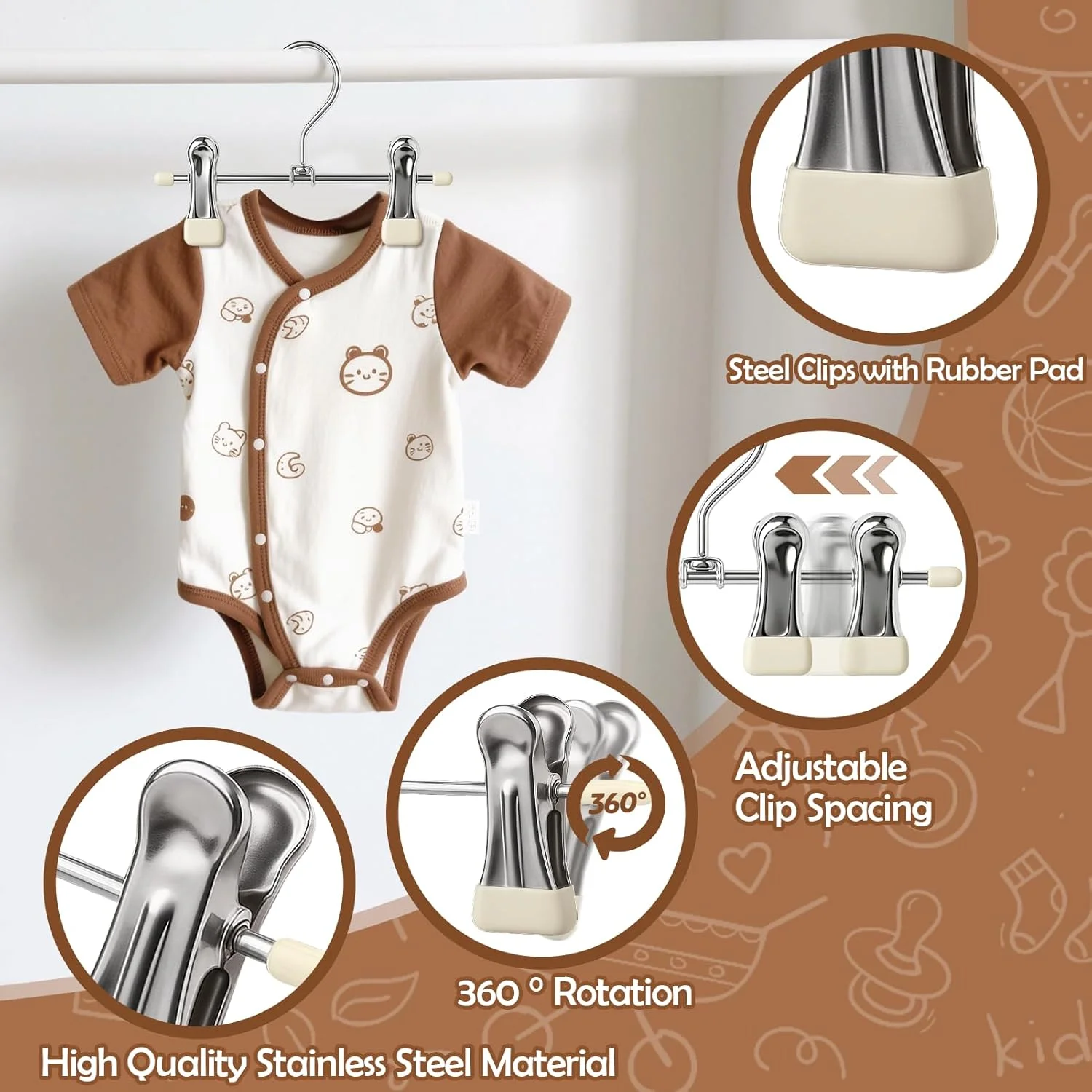 آویز لباس کودک ۱۰ عددی - گیره سیلیکونی چرخان ۳۶۰ درجه، آویز شلوار کودک، صرفه جویی در فضا، استیل ضد زنگ ممتاز، ایده آل برای سازماندهی کمد نوزاد و کودک. آویز لباس کودک ۱۰ عددی - گیره سیلیکونی چرخان ۳۶۰ درجه، آویز شلوار کودک، صرفه جویی در فضا، استیل ضد زنگ ممتاز، ایده آل برای سازماندهی کمد نوزاد و کودک.