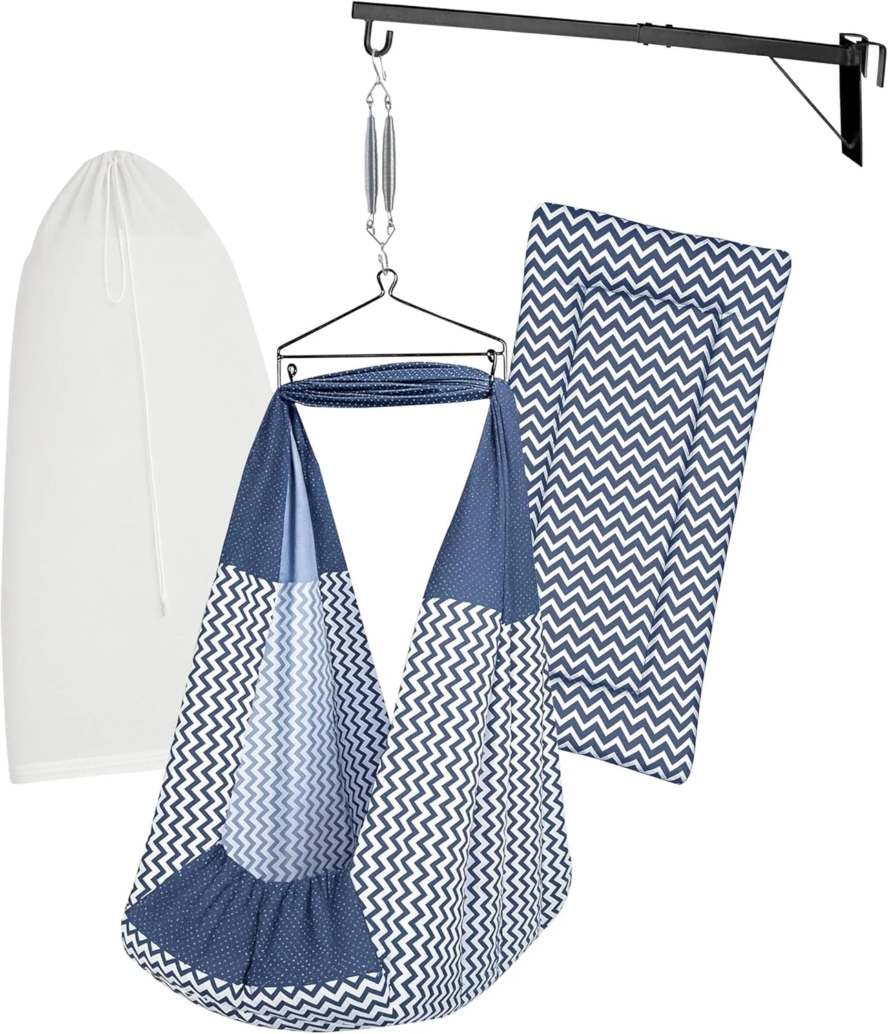 ست گهواره نوزاد / تاب (پارچه تخت، پالنا، دولنا) | گهواره با تخت خواب نرم، پشه بند، فنر، مثلث و آویز پنجره | تا 15 کیلوگرم | تا 2 سال | طرح FS-Print سرمه ای-15983