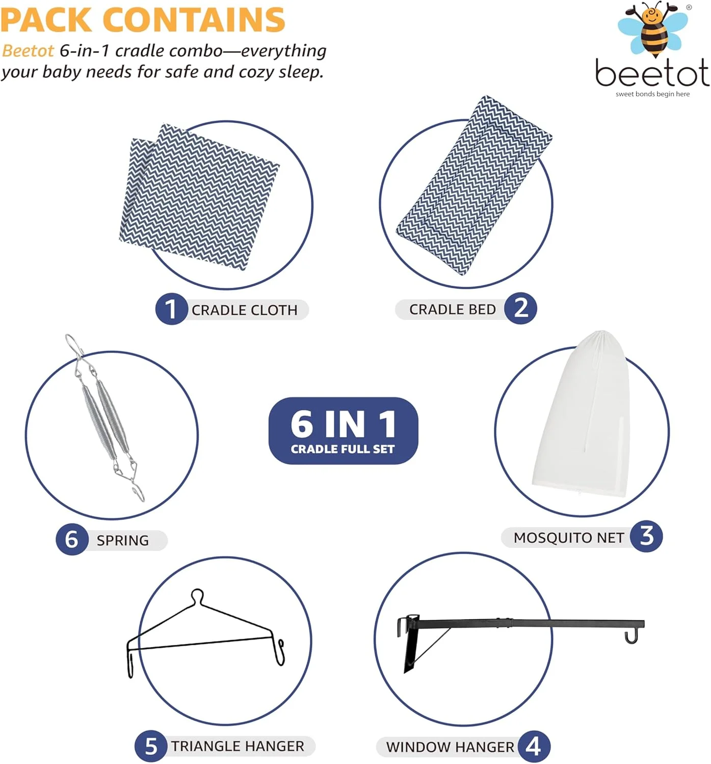 ست گهواره نوزاد / تاب (پارچه تخت، پالنا، دولنا) | گهواره با تخت خواب نرم، پشه بند، فنر، مثلث و آویز پنجره | تا 15 کیلوگرم | تا 2 سال | طرح FS-Print سرمه ای-15983