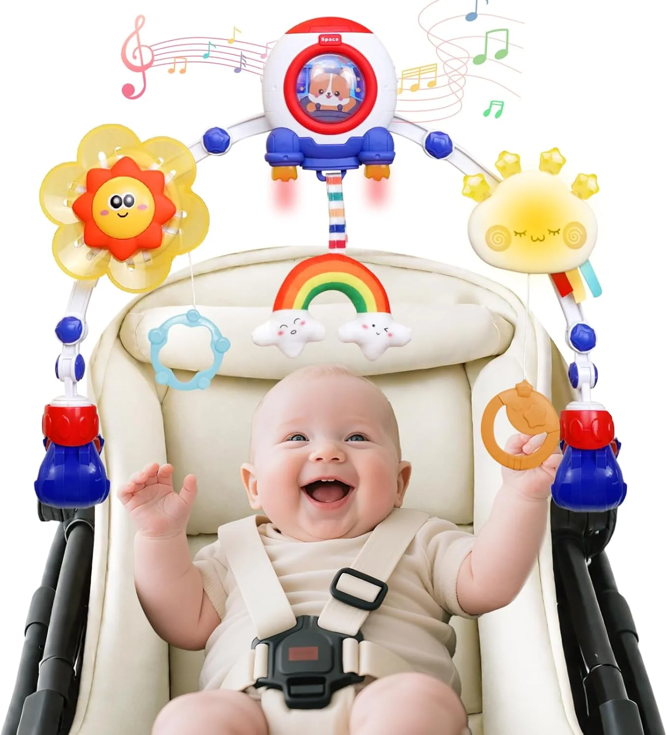 آویز بازی کودک با جغجغه، چراغ های موزیکال، آسیاب بادی، آویز حسی انعطاف پذیر برای تخت، صندلی کودک و صندلی ماشین مناسب برای دختران و پسران