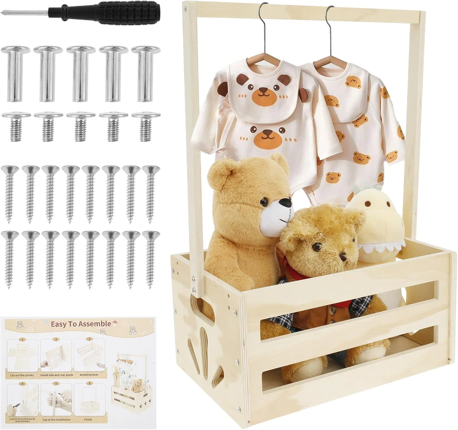 سبد چوبی سیسمونی نوزاد، سبد صاف چوبی با دسته و 5 آویز، سبد بزرگ نگهداری وسایل نوزاد، قفسه جذاب لباس نوزاد برای جشن نوزادی (مدل B)