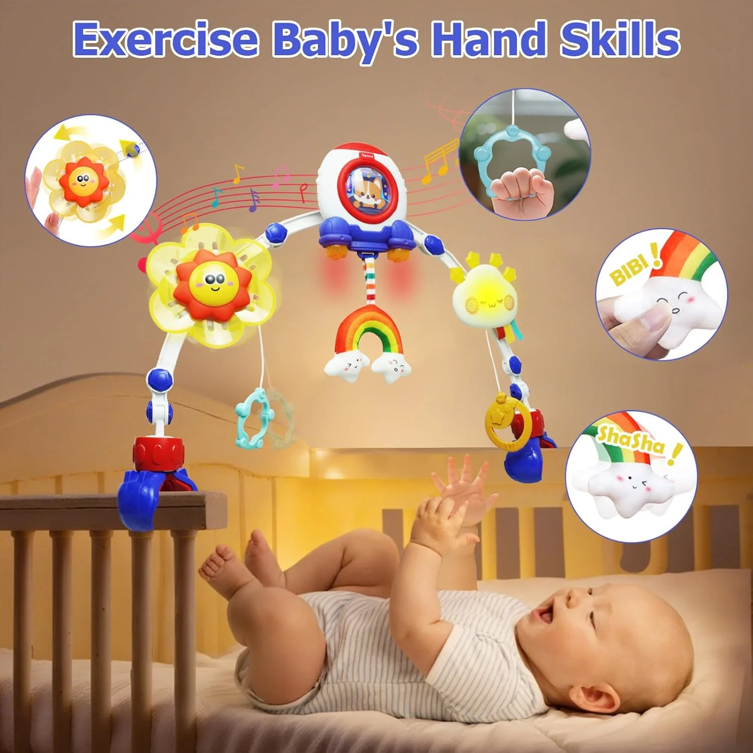 آویز بازی کودک با جغجغه، چراغ های موزیکال، آسیاب بادی، آویز حسی انعطاف پذیر برای تخت، صندلی کودک و صندلی ماشین مناسب برای دختران و پسران