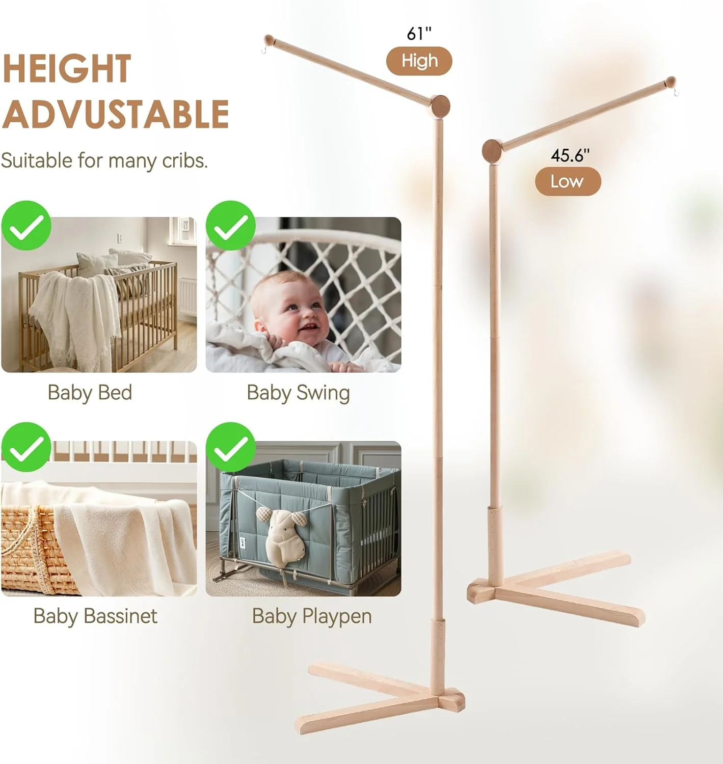 بازوی آویز موبایل چوبی ایستاده برای تخت نوزاد، 155 سانتی متر | آویز متحرک 360 درجه قابل تنظیم | بازوی چند منظوره ضد واژگونی برای تخت نوزاد | دکوراسیون اتاق کودک با بازوی آویز قابل تنظیم