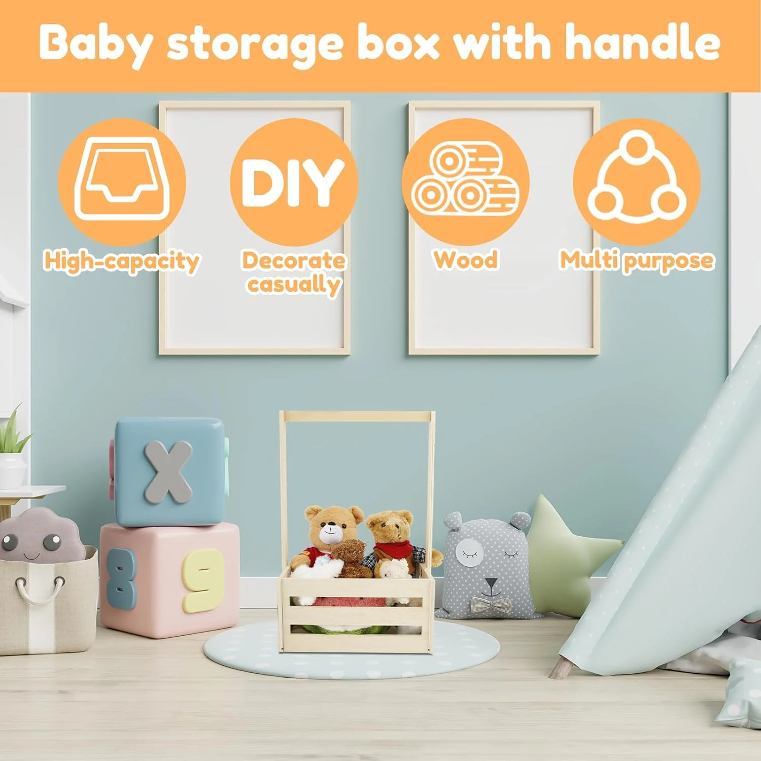 سبد چوبی سیسمونی نوزاد، سبد صاف چوبی با دسته و 5 آویز، سبد بزرگ نگهداری وسایل نوزاد، قفسه جذاب لباس نوزاد برای جشن نوزادی (مدل B)