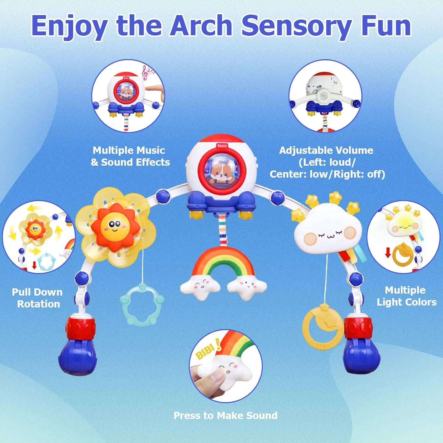 آویز بازی کودک با جغجغه، چراغ های موزیکال، آسیاب بادی، آویز حسی انعطاف پذیر برای تخت، صندلی کودک و صندلی ماشین مناسب برای دختران و پسران
