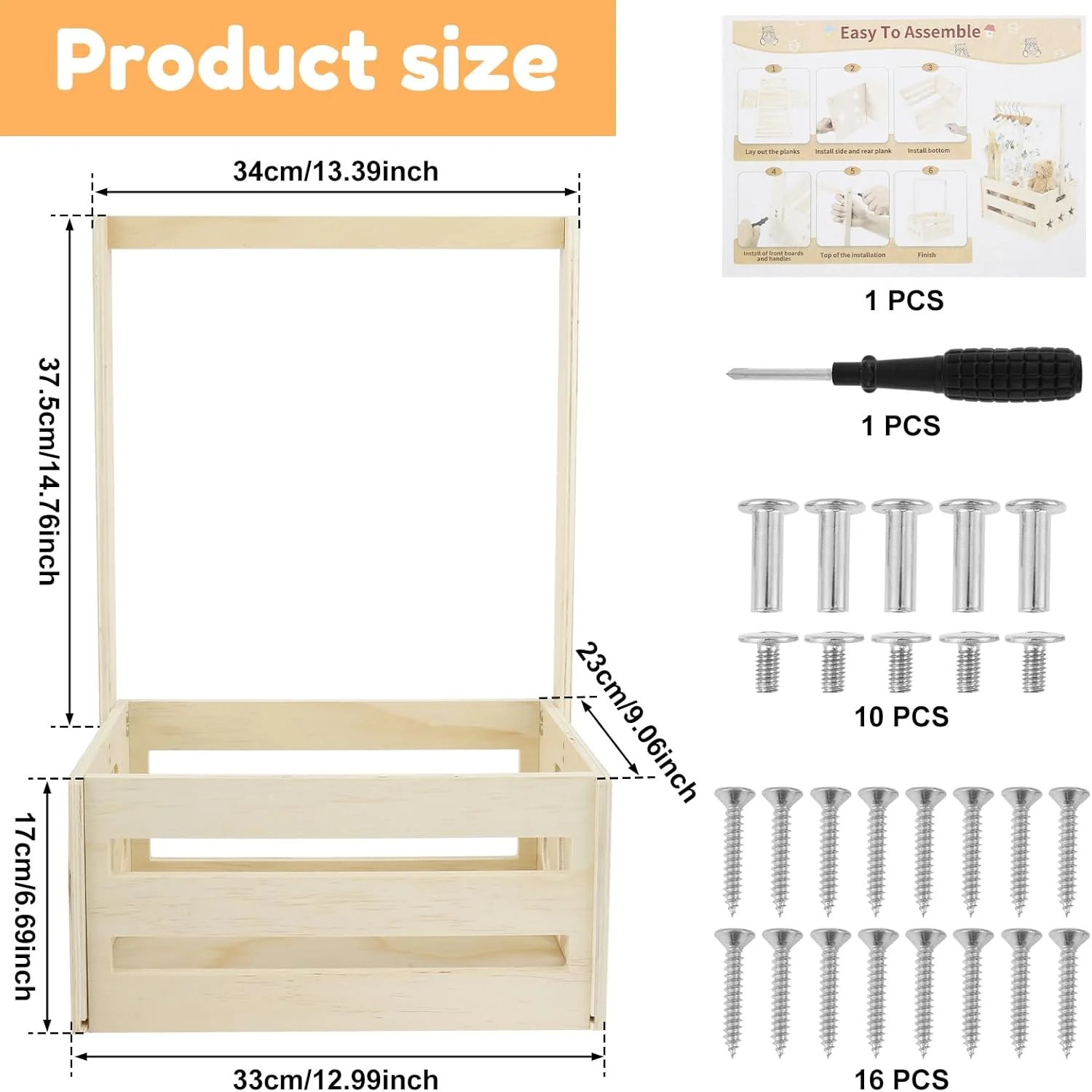 سبد چوبی سیسمونی نوزاد، سبد صاف چوبی با دسته و 5 آویز، سبد بزرگ نگهداری وسایل نوزاد، قفسه جذاب لباس نوزاد برای جشن نوزادی (مدل B)