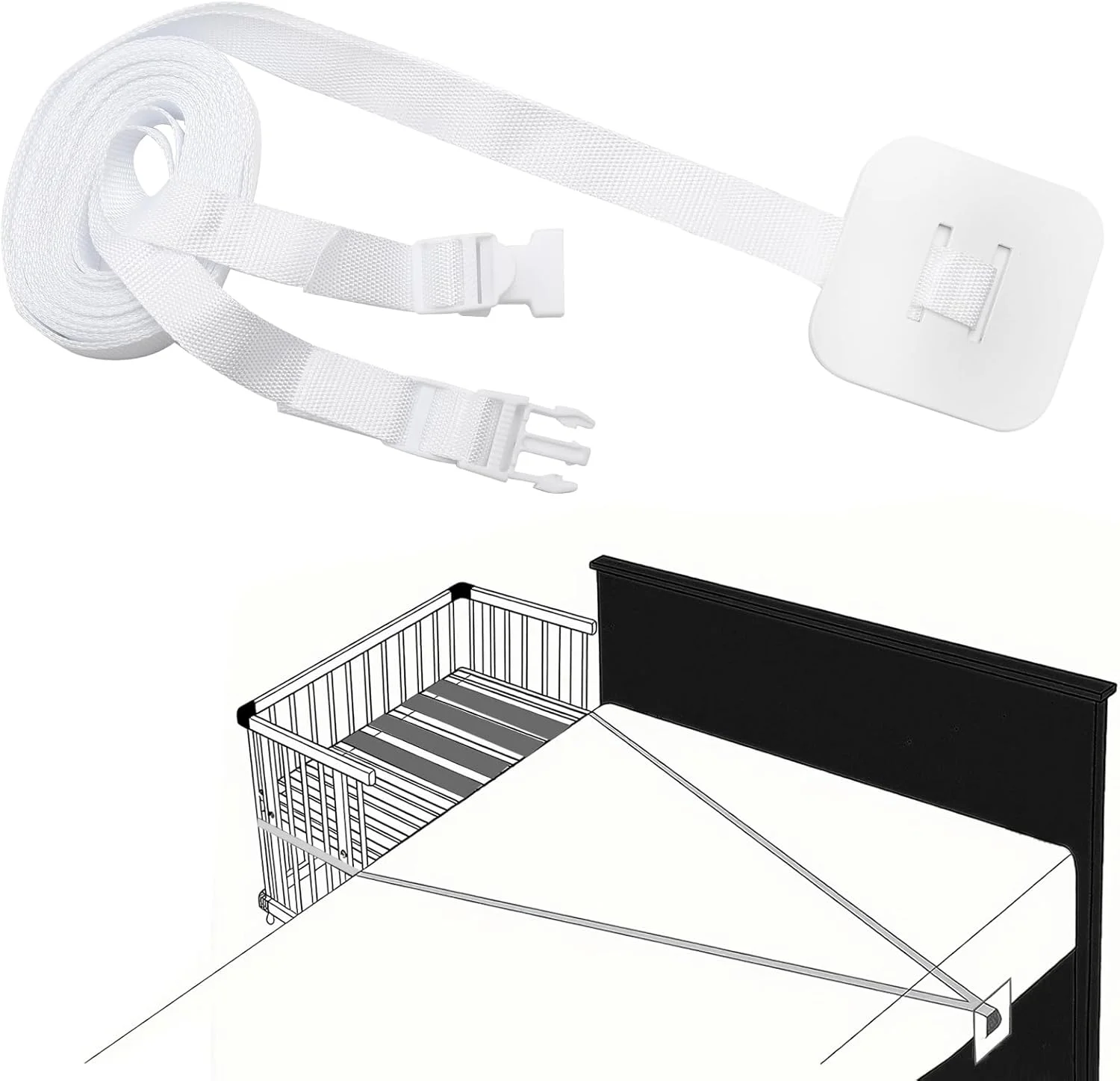 بند 8 متری برای تخت نوزاد، محکم برای تخت، تخت کنار تخت، تخت فنری جعبه ای نوزاد برای اتصال به تخت بزرگسال (سفید)