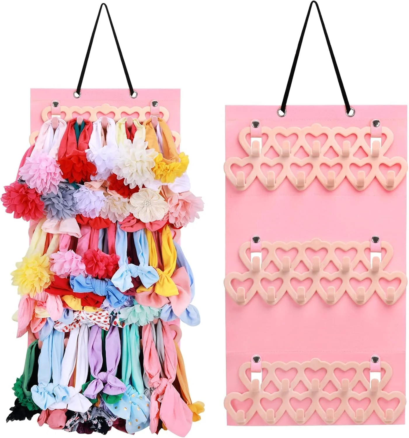 نگهدارنده هدبند دخترانه آزونه، آویزهای مخملی طرح قلب، سازمان دهنده پاپیون کودک، مناسب درب/کمد/دیوار، صورتی