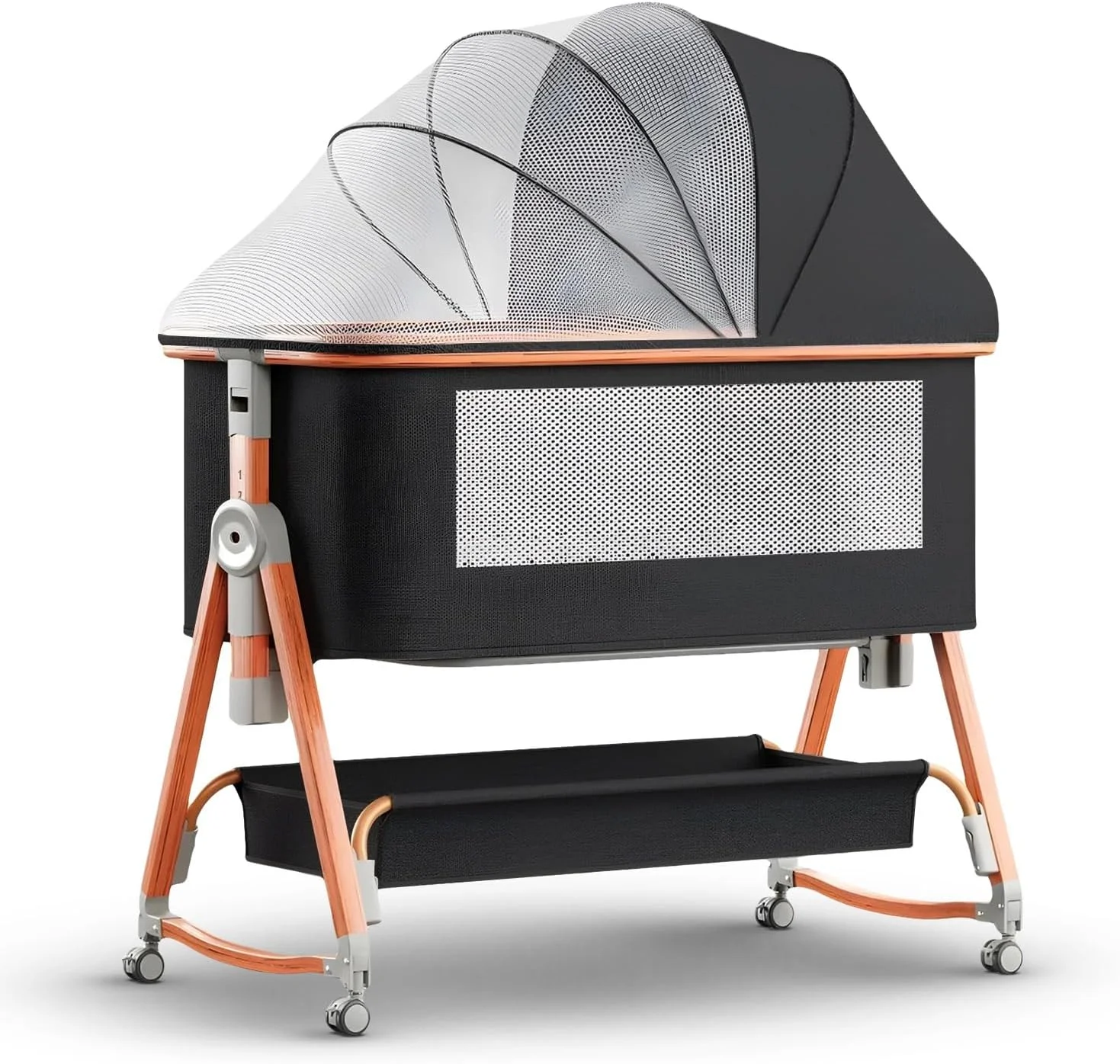 گهواره کودک ۳ در ۱ Baybee، تخت کنار تختی کودک با قابلیت تنظیم ارتفاع در ۶ سطح، تخت تاشو با پشه‌بند، چرخ‌های گردان ۳۶۰ درجه، تخت کنار تختی برای نوزاد/نوزاد تازه متولد شده - مشکی