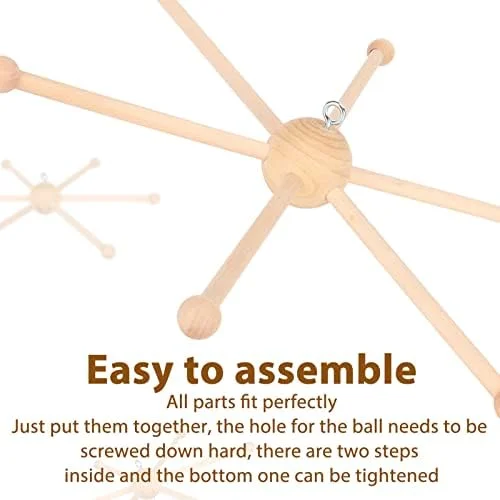آویز تخت نوزاد با قاب چوبی، آویز موبایل چوبی نوزاد کروی شش پایه برای آویزان کردن جعبه های هشت ضلعی، زنگ ها، اسباب بازی ها یا دکور عروسک های کوچک پولیشی
