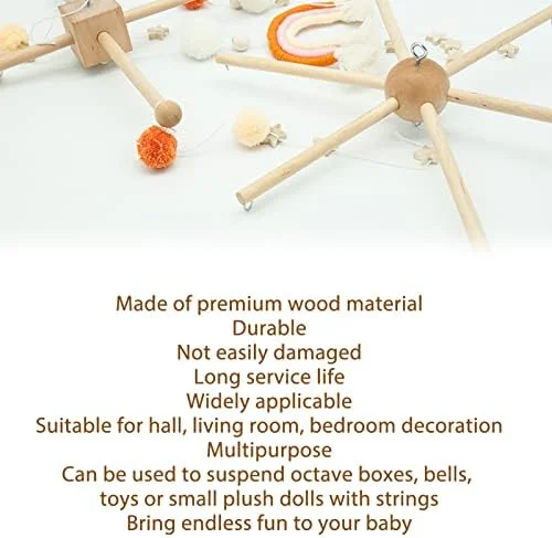 آویز تخت نوزاد با قاب چوبی، آویز موبایل چوبی نوزاد کروی شش پایه برای آویزان کردن جعبه های هشت ضلعی، زنگ ها، اسباب بازی ها یا دکور عروسک های کوچک پولیشی